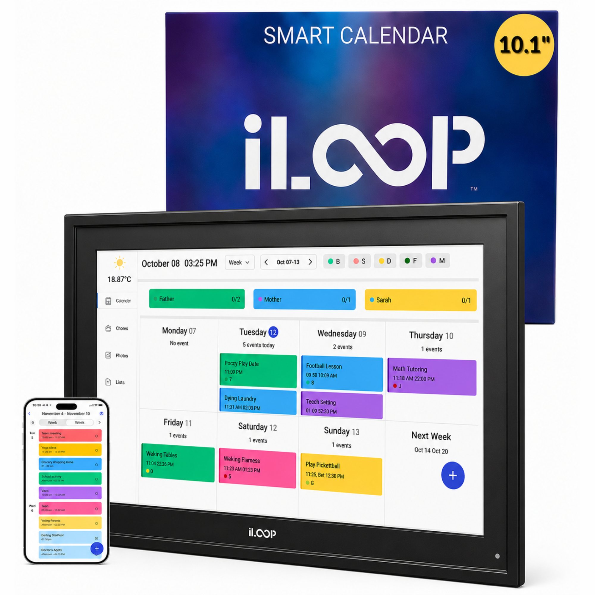 iLoop 10.1-inch smart calendar display monitor shown with its retail box and a smartphone app preview on a white background.