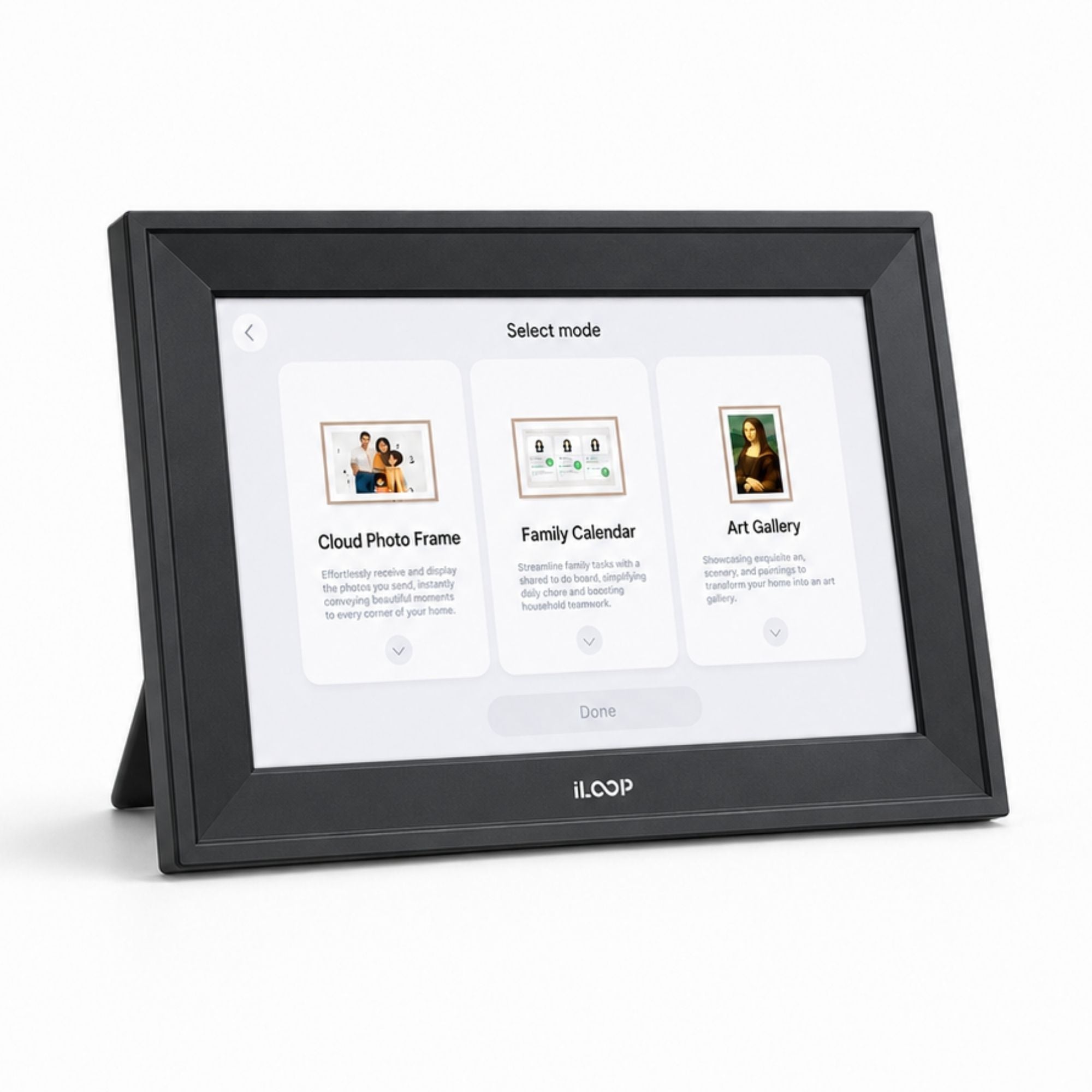 A black iLOOP digital photo frame with a stand, displaying a user interface on its screen, set against a plain white background.