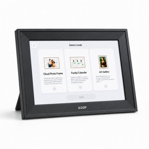 A black iLOOP digital photo frame with a stand, displaying a user interface on its screen, set against a plain white background.