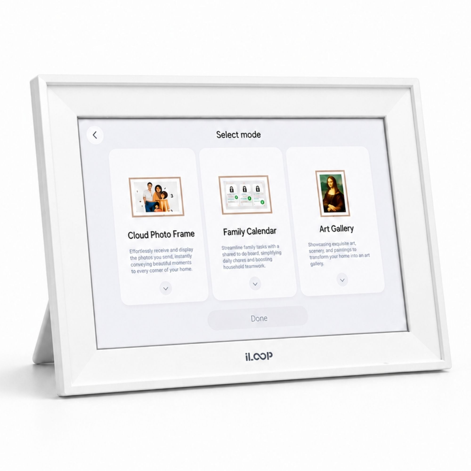 A white iLOOP digital photo frame with a kickstand, displaying a user interface screen on a clean white background.