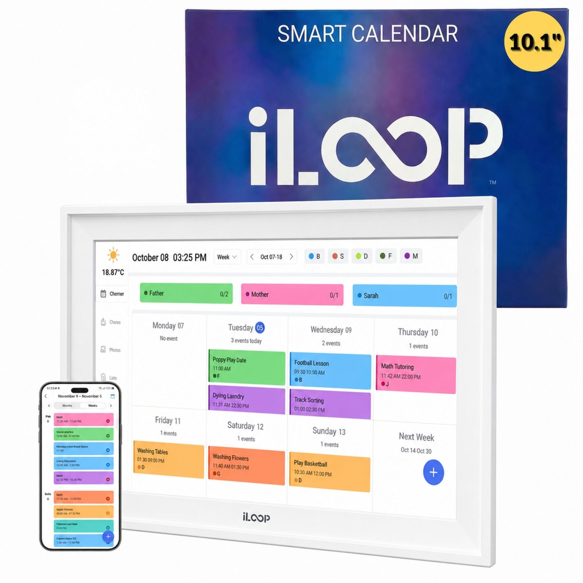 Smart calendar with digital display and smartphone showing app interface, branded as 'iLoop'.