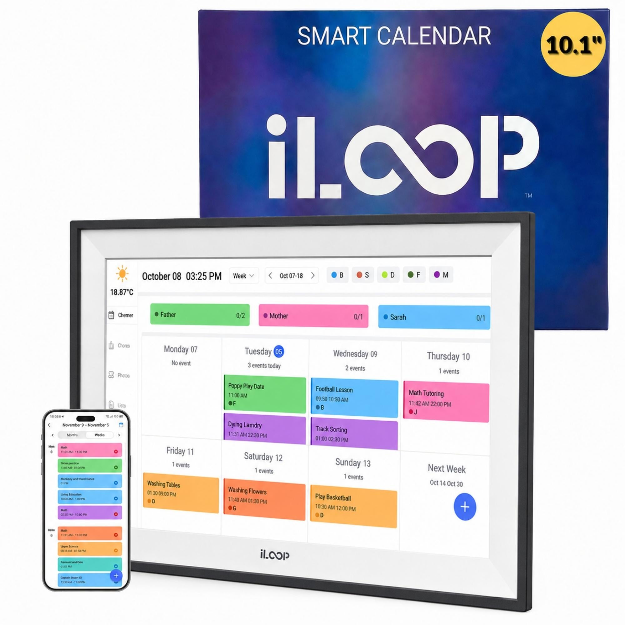 A black-framed iLoop smart wall calendar display on a white background, with a matching smartphone app screen in front and a blue product box behind showing the text 'SMART CALENDAR' and 'i.Loop' with a '10.