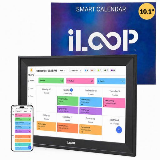 An iLOOP smart calendar display screen showing a colorful weekly schedule, with a smartphone app preview in front and a blue product box behind. The box reads 'SMART CALENDAR' and 'i.