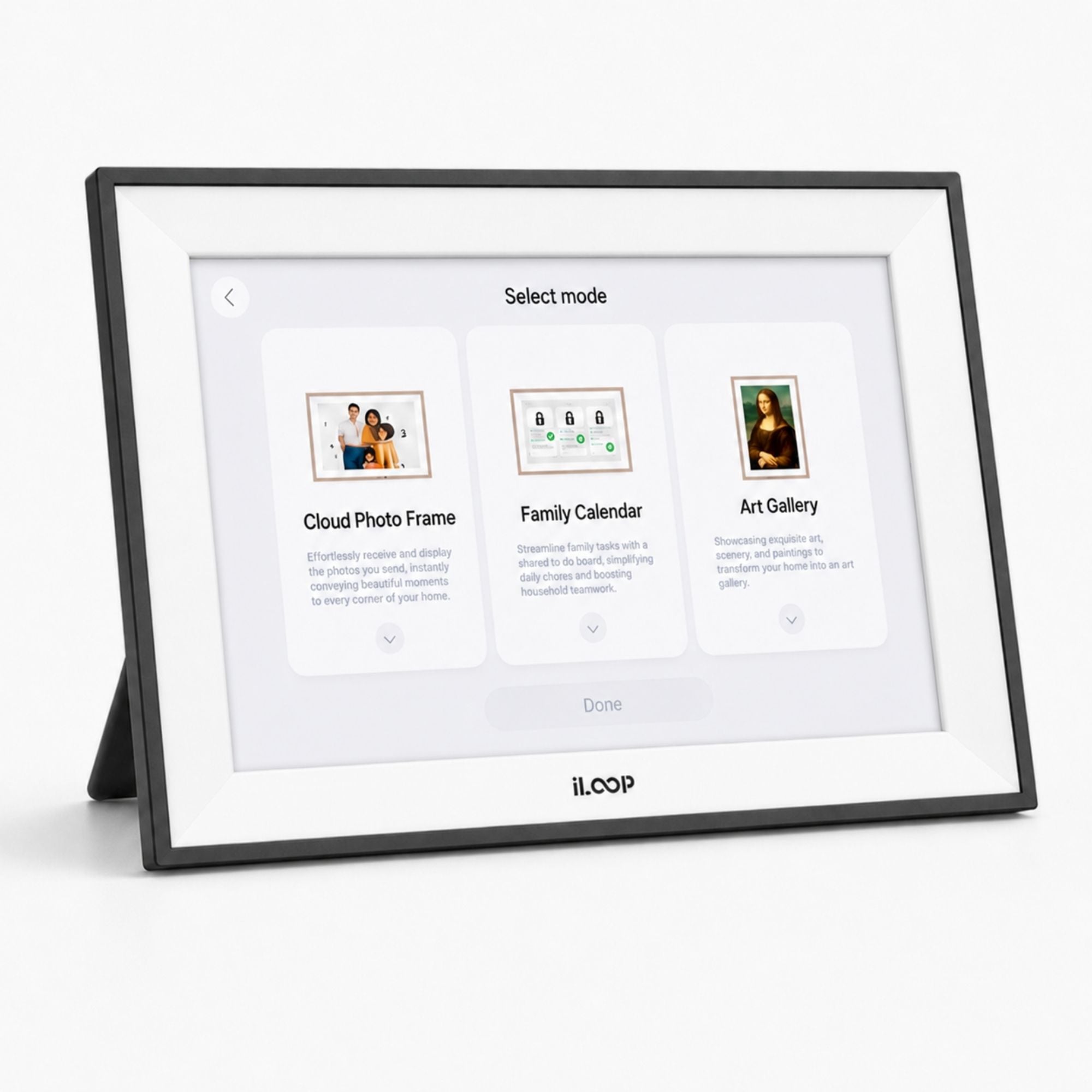 A black iLOOP digital picture frame on a white background, displaying a user interface screen with options for Cloud Photo Frame, Family Calendar, and Art Gallery.