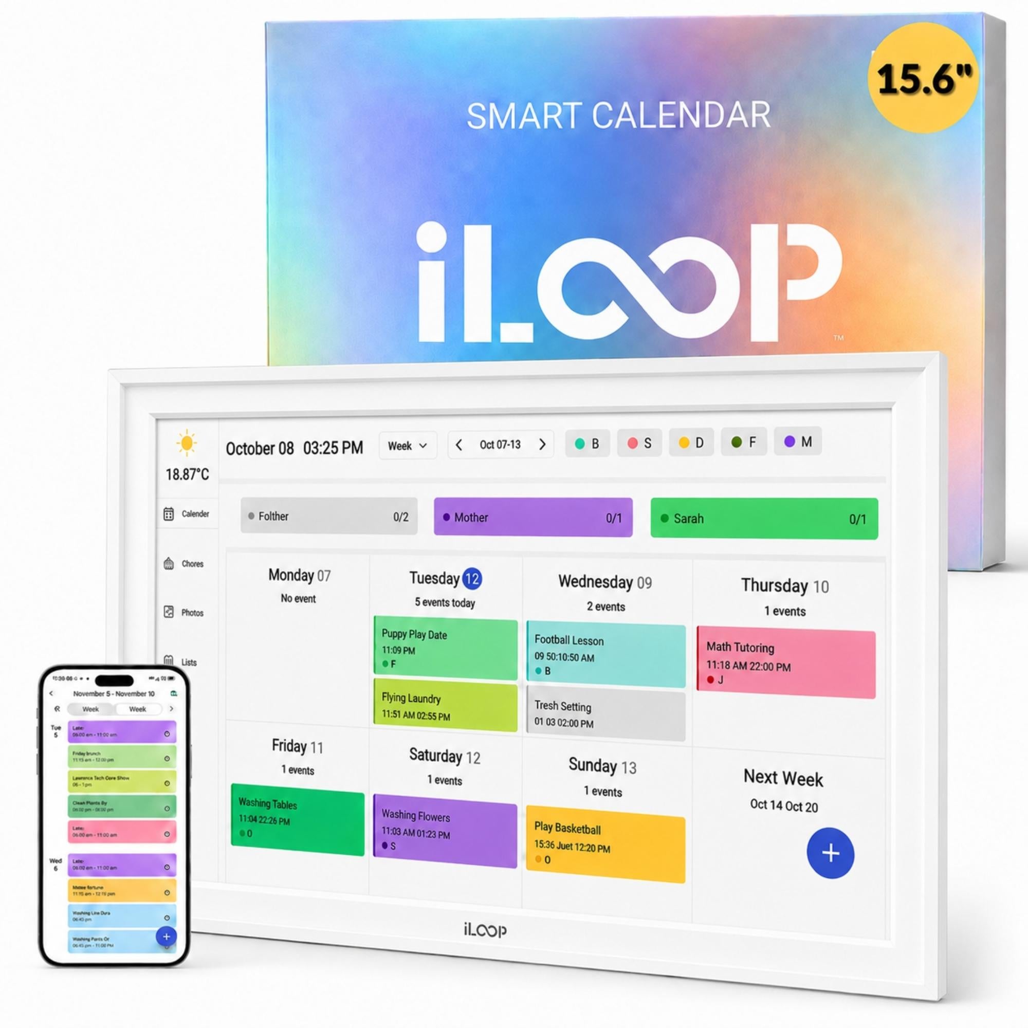 iLoop smart calendar display screen with a white bezel, shown in front of its colorful packaging box. A smartphone displaying the app interface is pictured on the lower left.