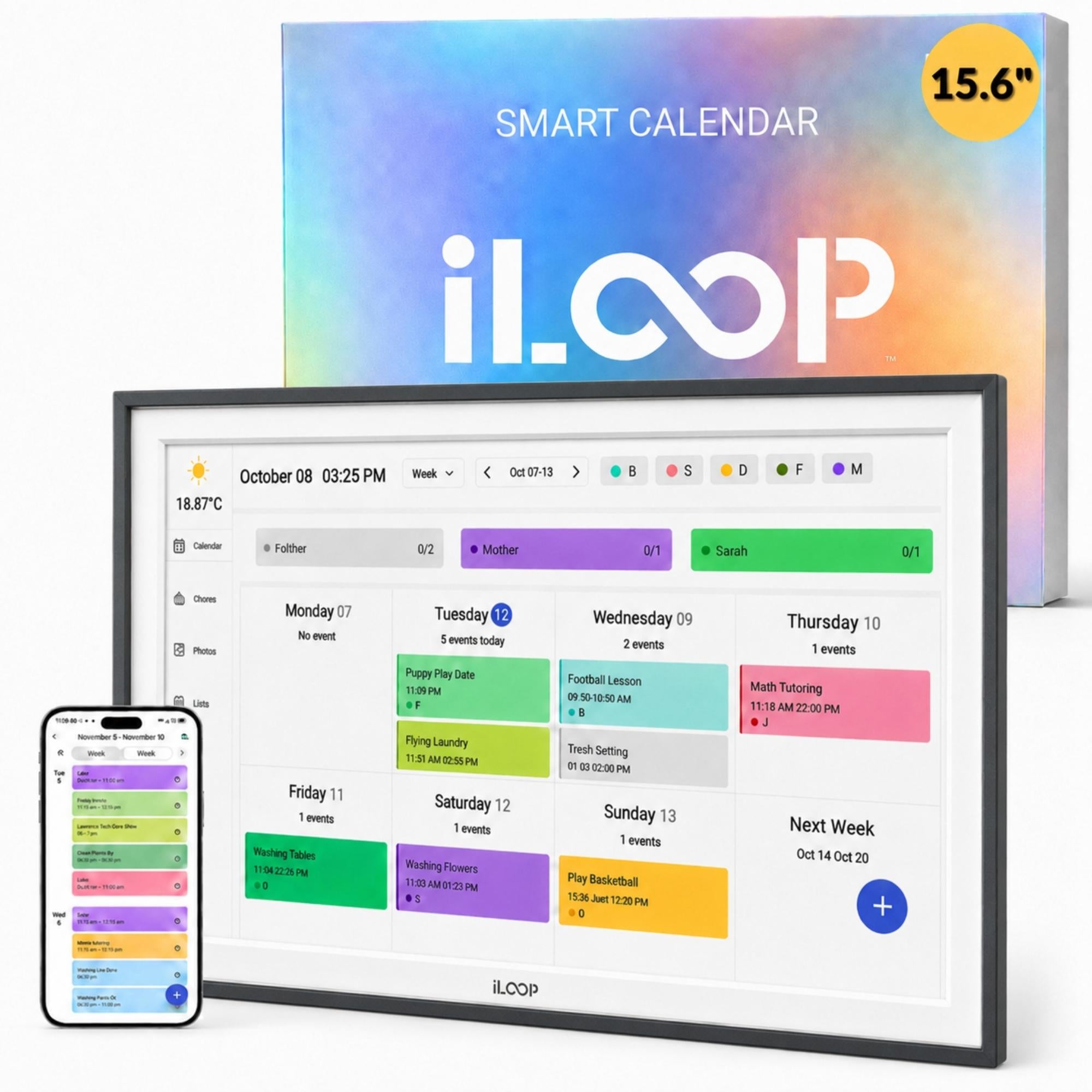 i.Loop smart calendar display screen with a black bezel showing a colorful weekly calendar interface, shown in front of its blue and orange gradient retail box.