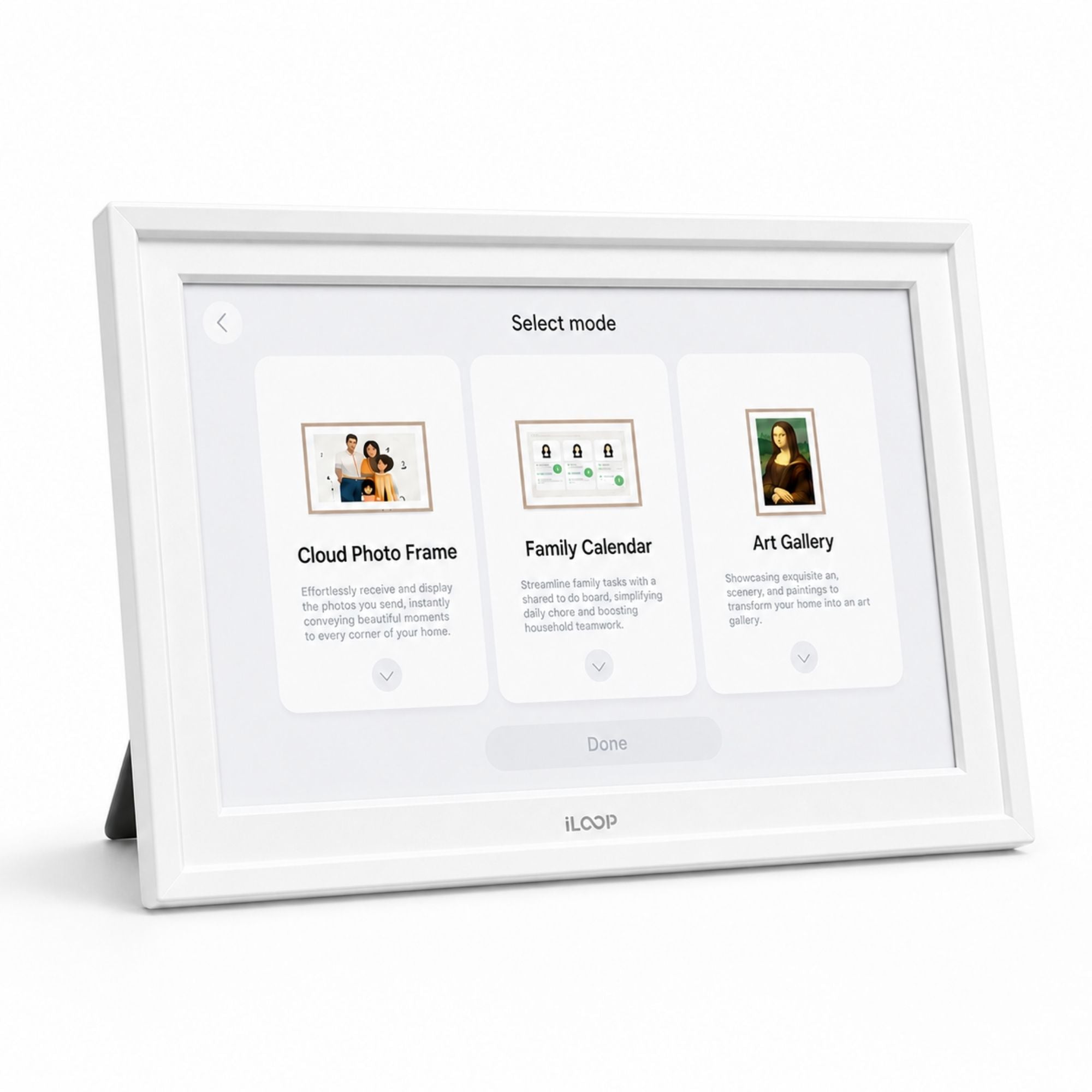 A white digital photo frame on a white background, displaying a user interface with options for 'Cloud Photo Frame', 'Family Calendar', and 'Art Gallery'. The brand name 'iLOOP' is visible at the bottom of the frame.