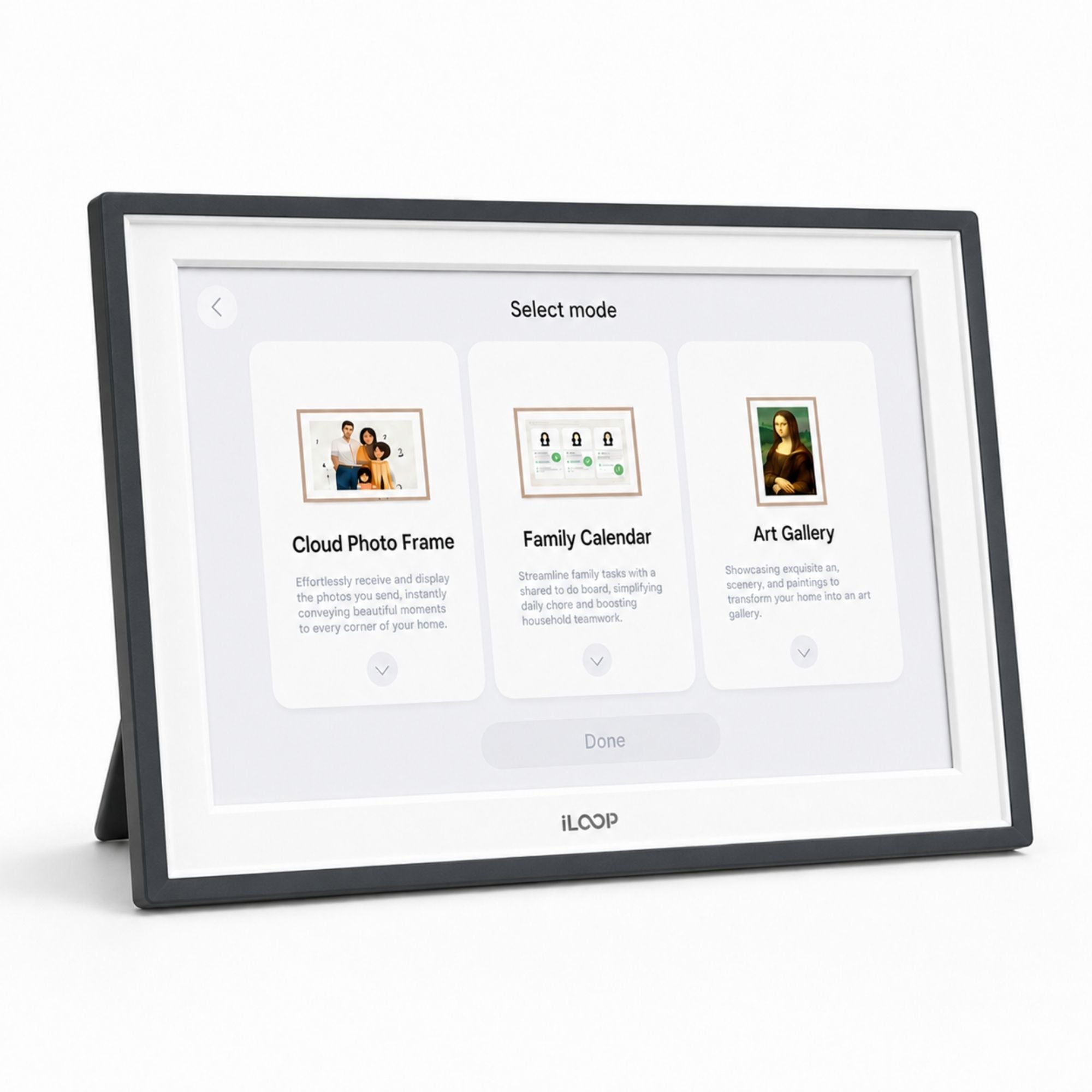 A digital picture frame on a white background, displaying a 'Select mode' screen with options for 'Cloud Photo Frame', 'Family Calendar', and 'Art Gallery'. The frame has a black bezel and stand, with the brand name 'iLOOP' visible at the bottom of the screen.