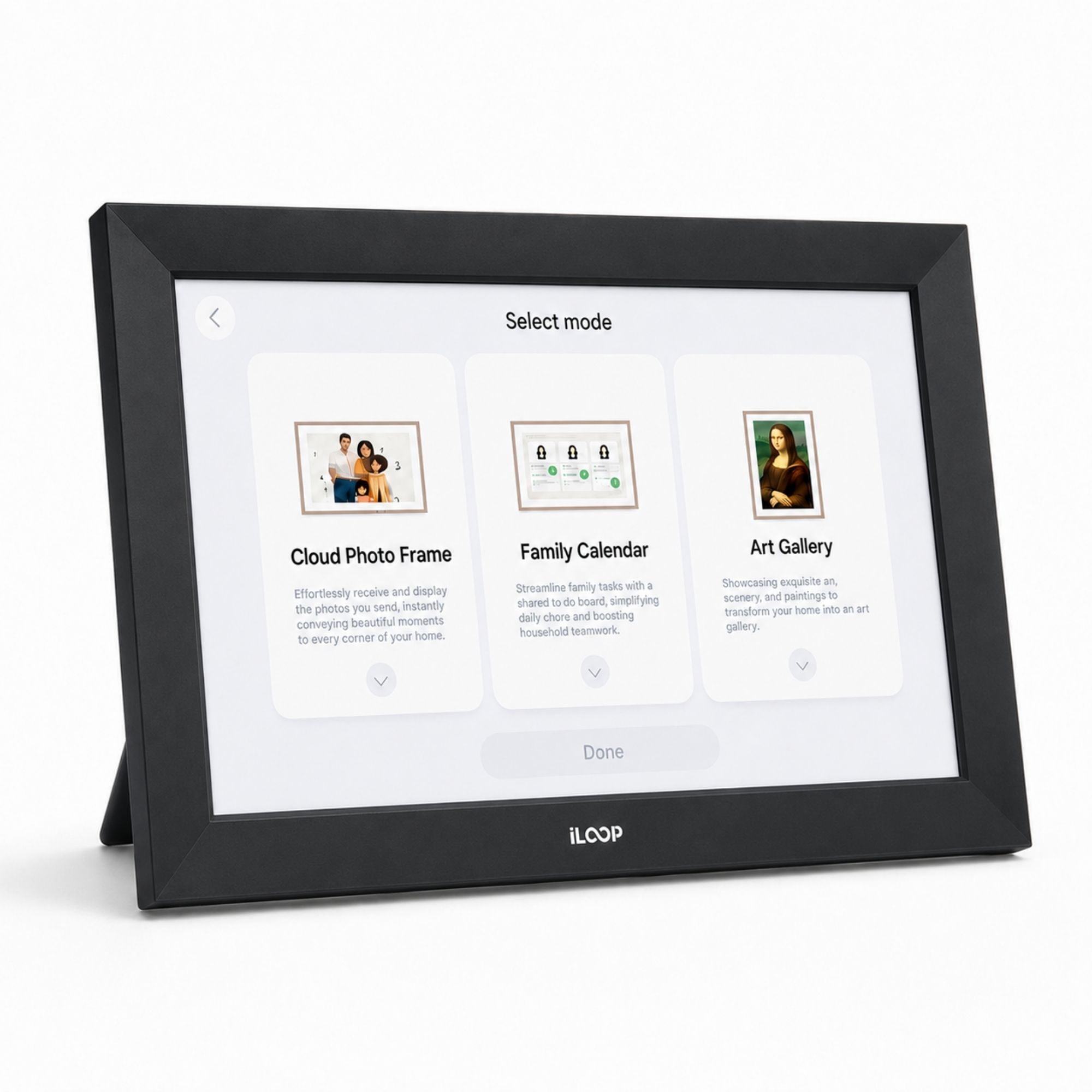 A black iLoop digital picture frame on a white background, displaying a user interface screen with options for Cloud Photo Frame, Family Calendar, and Art Gallery.