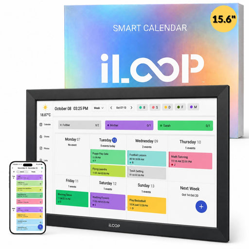 iLoop smart calendar display screen showing a weekly schedule, with a smartphone app preview in front and the product box behind on a white background.