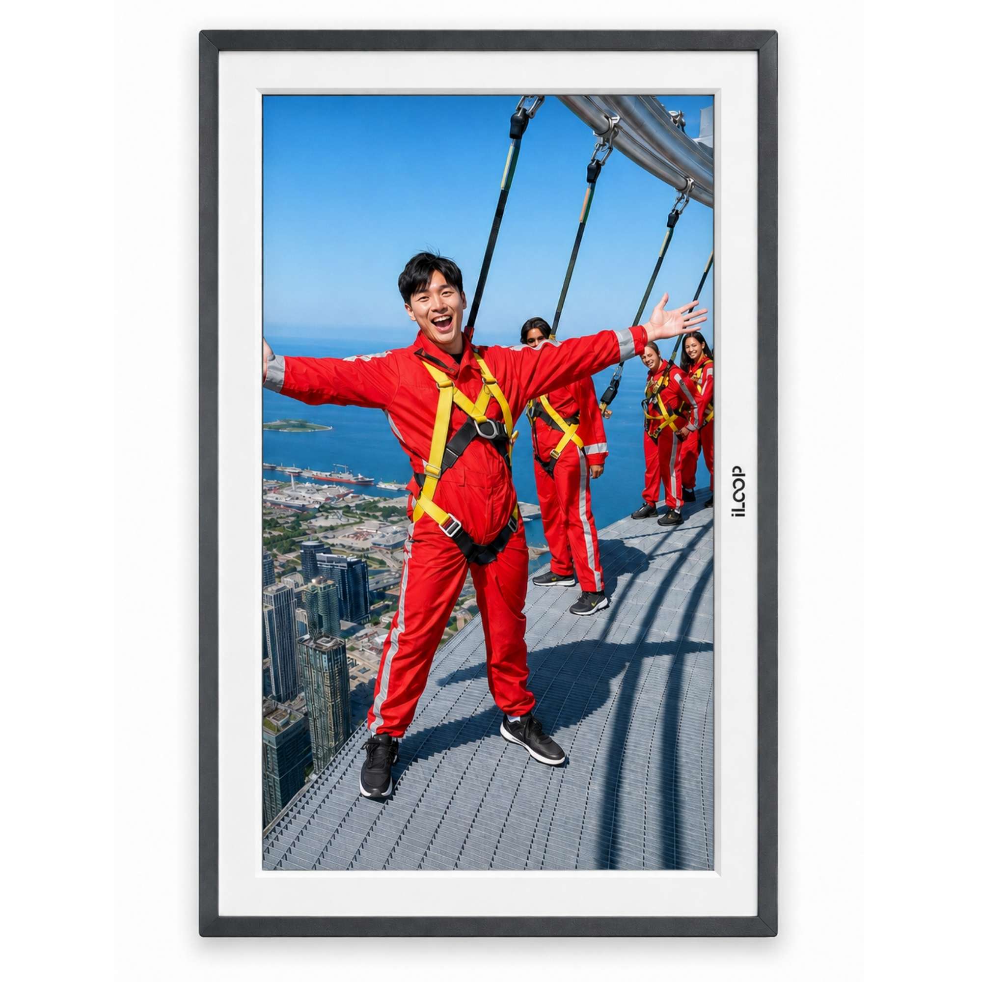 A framed vertical art print featuring a high-adrenaline photo of a man in a red jumpsuit on a high-altitude suspension bridge over a city and sea, presented in a white mat and a dark gray frame.