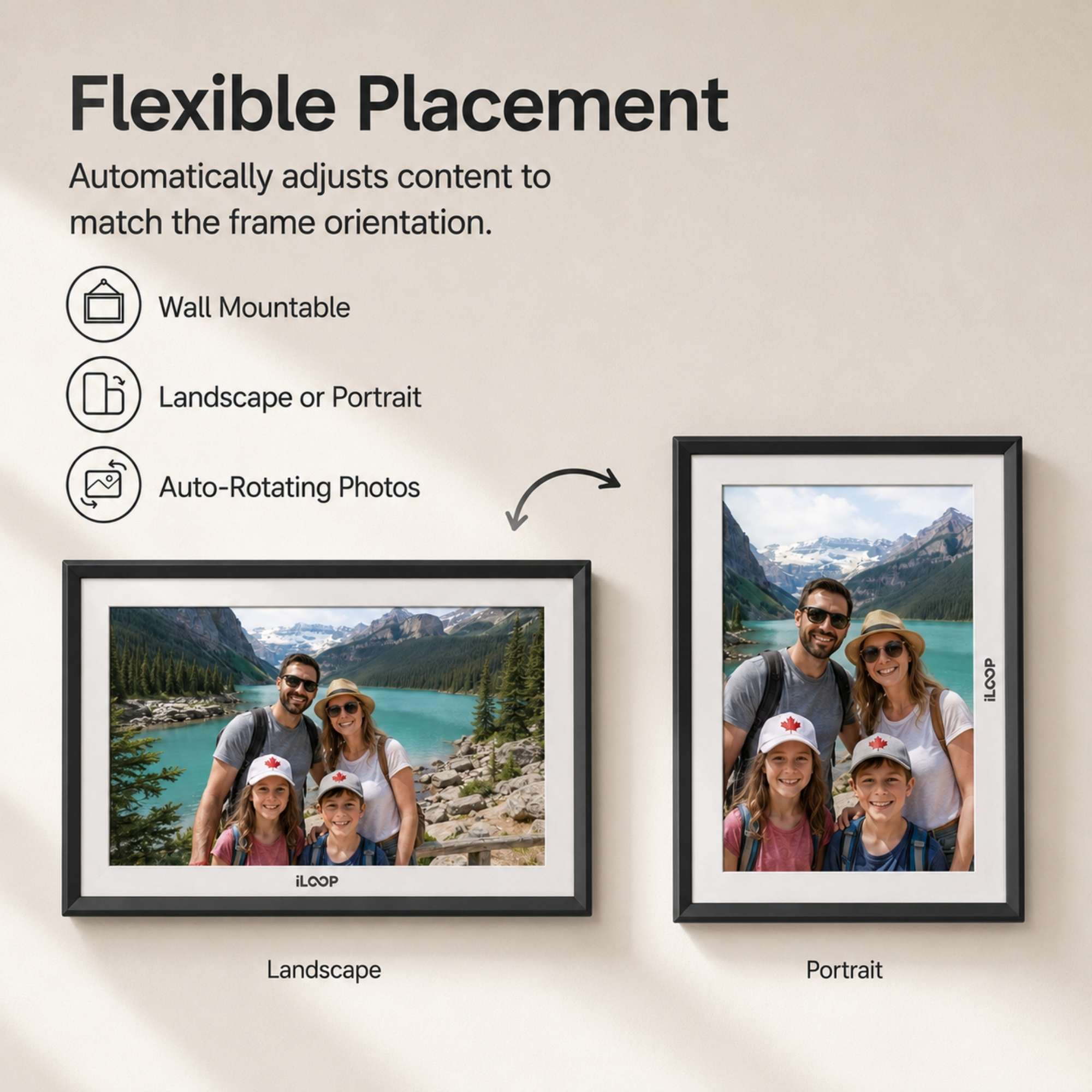 Promotional graphic for a flexible wall-mounted photo frame showing two framed family portraits side by side labeled Landscape and Portrait, with text explaining automatic adjustment, wall mounting, landscape/portrait orientation, and auto-rotating photo. iLoop