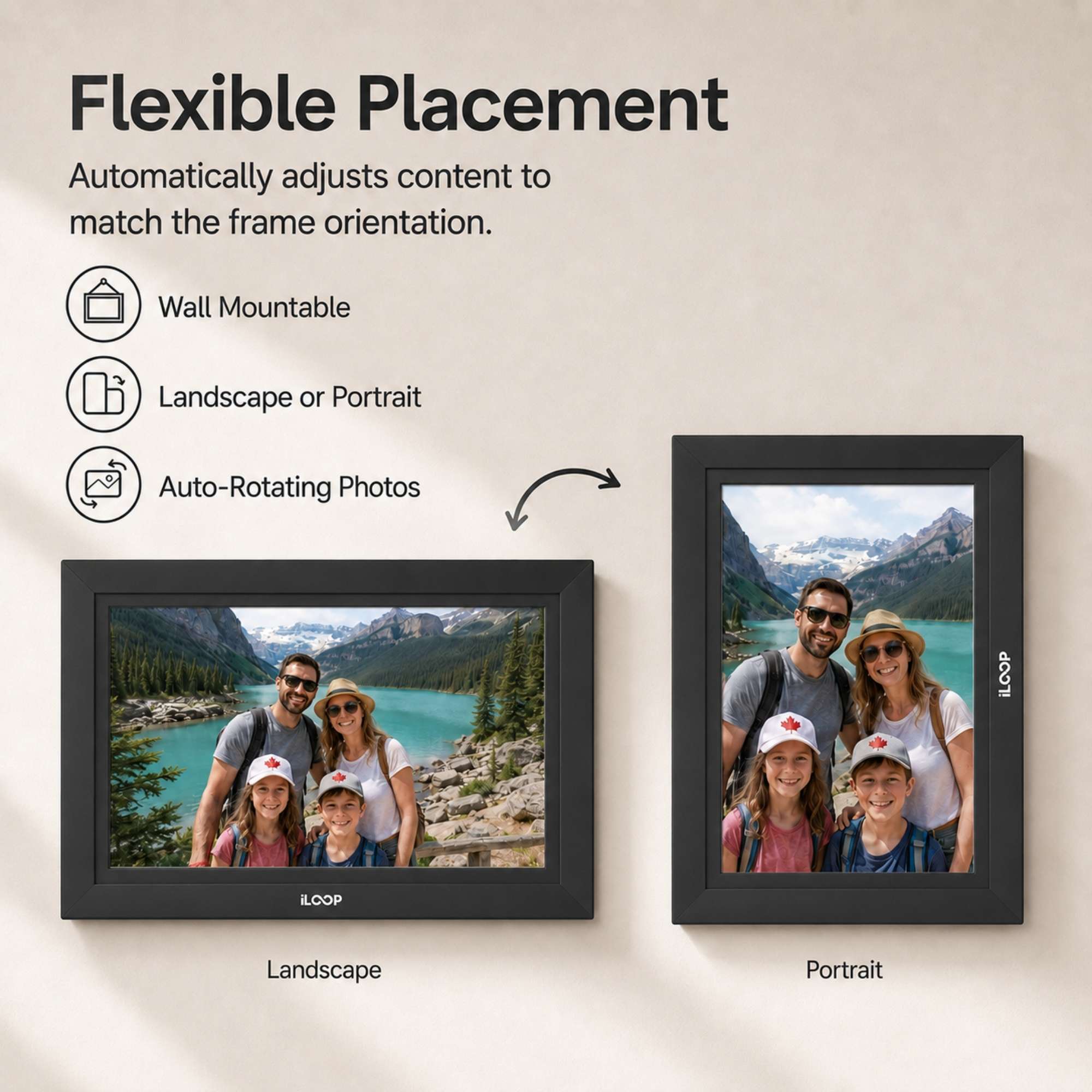 A promotional graphic for a wall-mounted photo frame showing the brand name LOOP at the bottom of both landscape and portrait versions. Text at the top explains flexible placement and automatic content adjustment for frame orientation.