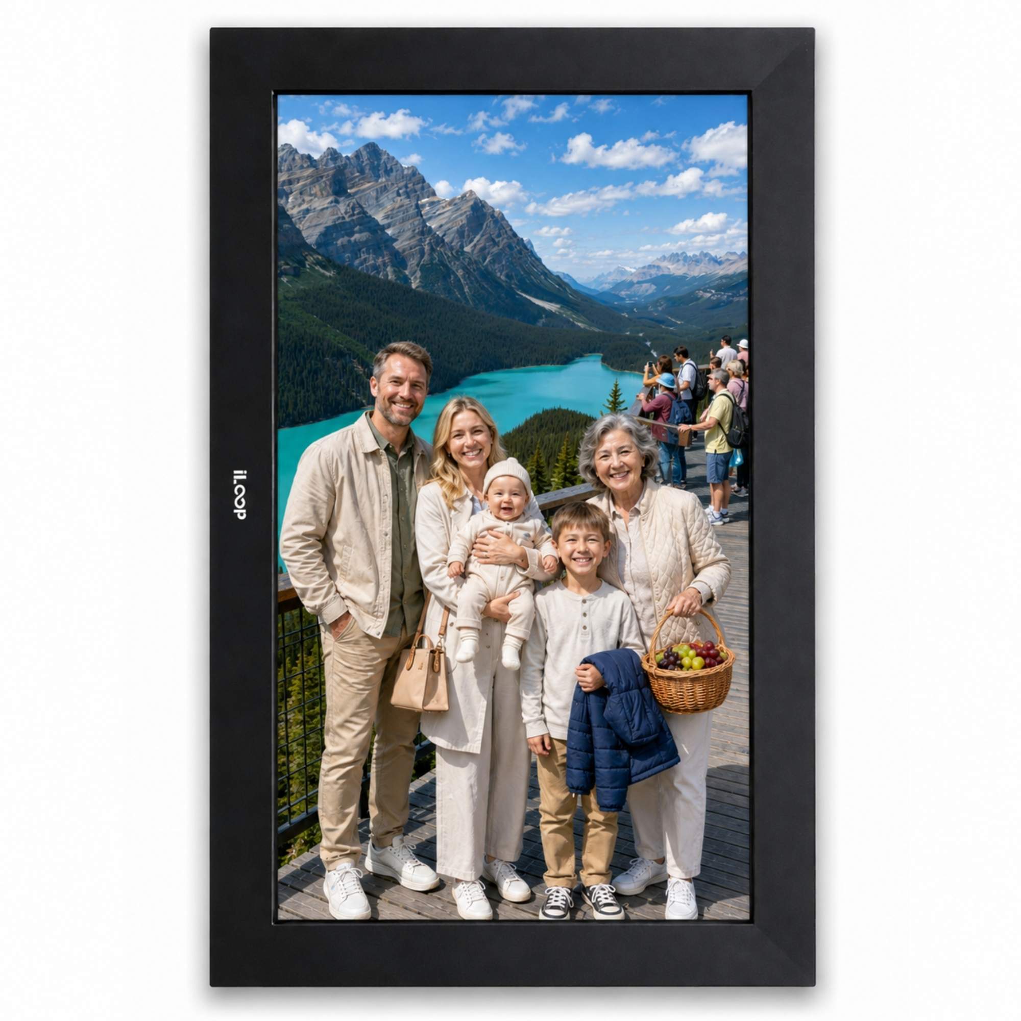 A black digital photo frame with the brand name 'iLoop' printed vertically on the left side, displaying a family portrait of five people against a scenic mountain and lake background.