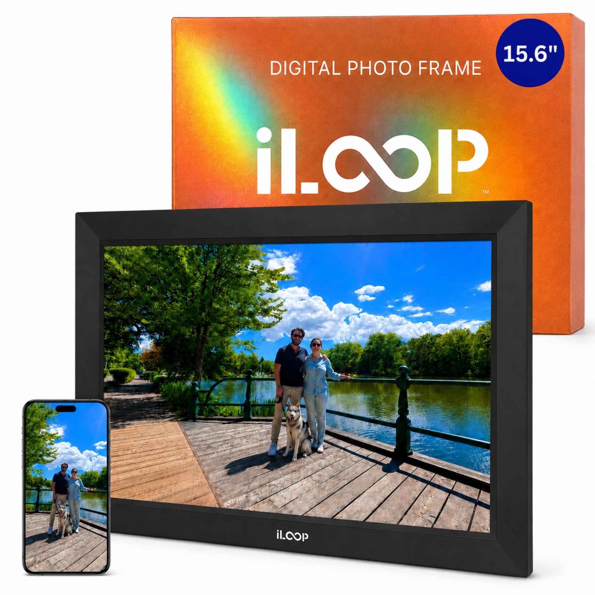 iLOOP 15.6-inch digital photo frame shown with its orange product box and a smartphone displaying the framed photo.