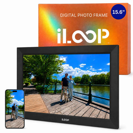 iLOOP 15.6-inch digital photo frame shown with its orange product box and a smartphone displaying the framed photo.