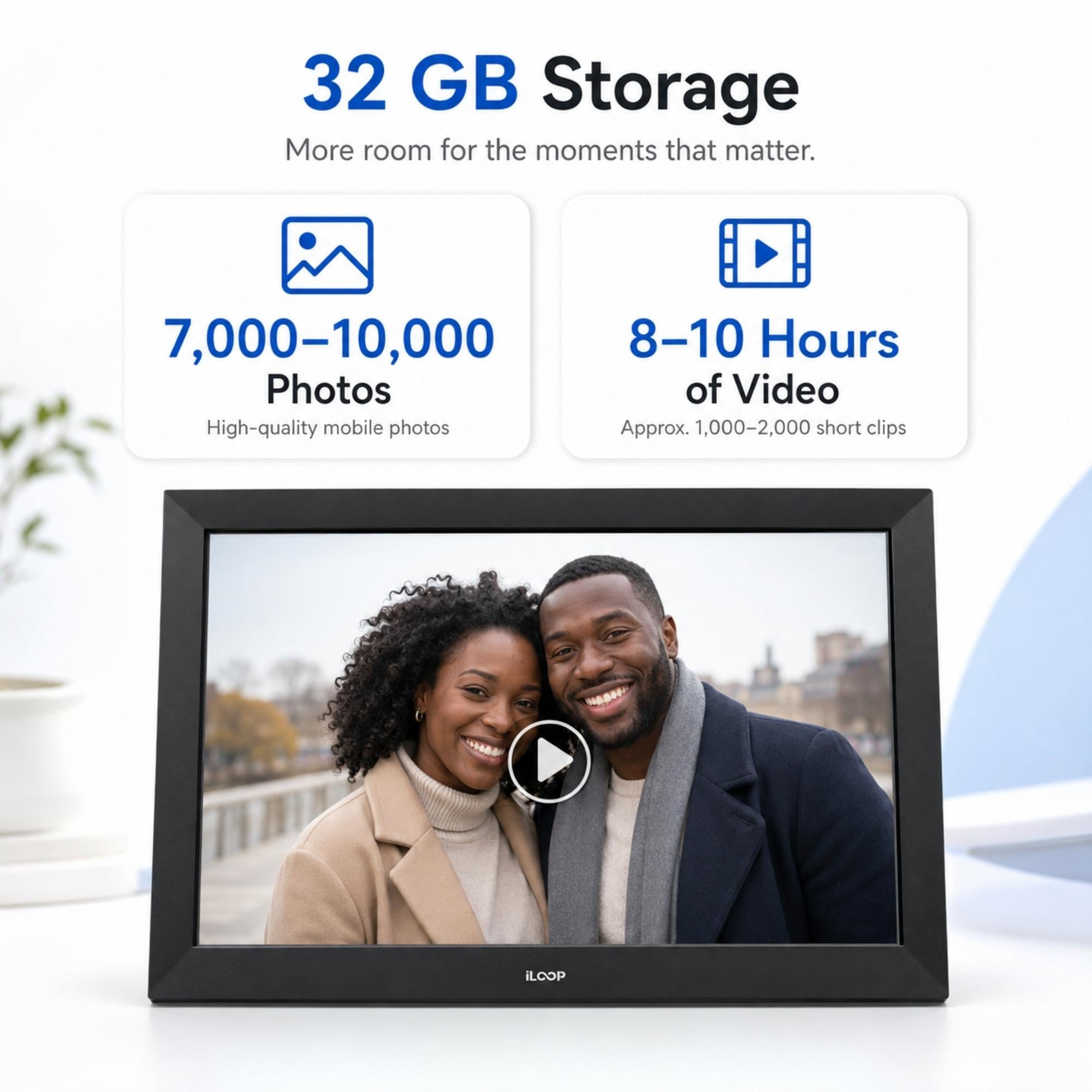 A 9-inch black e-ink digital photo frame with a 32 GB storage capacity, shown on a clean white background with promotional text detailing its photo and video storage capabilities.iLoop