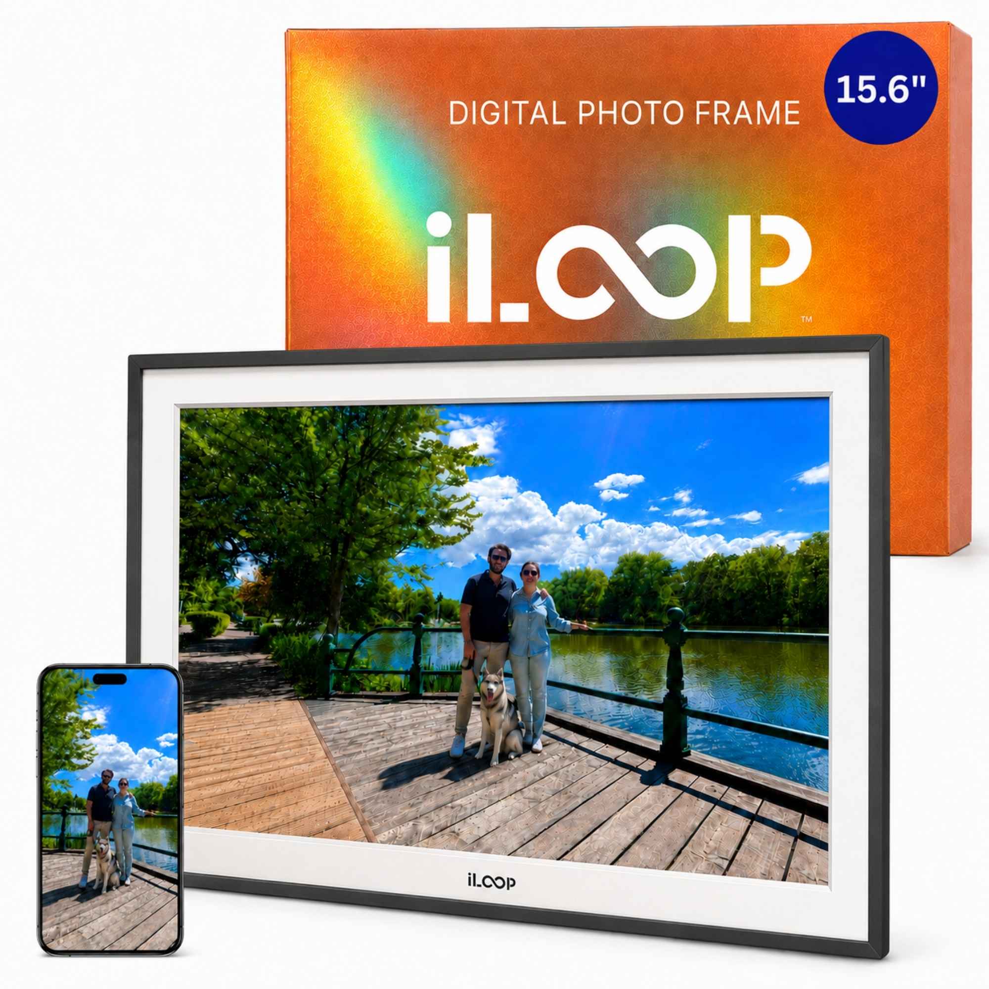 iLOOP 15.6-inch digital photo frame shown with its orange product box and a smartphone preview on a white background.