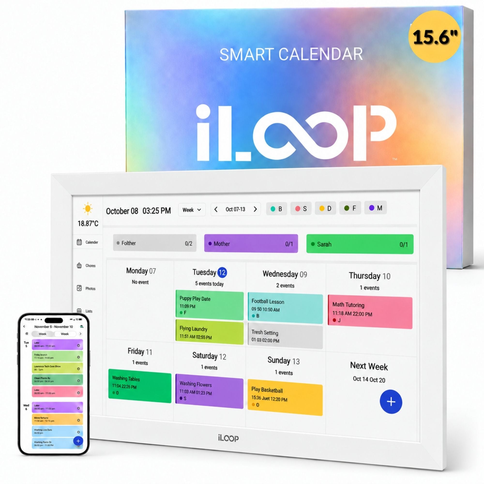 iLoop Calendrier numérique 15,6" 32 Go | Calendrier, cadre photo et vidéo Wi-Fi, galerie d'art | Fonctionnalités premium sans abonnement, écran tactile