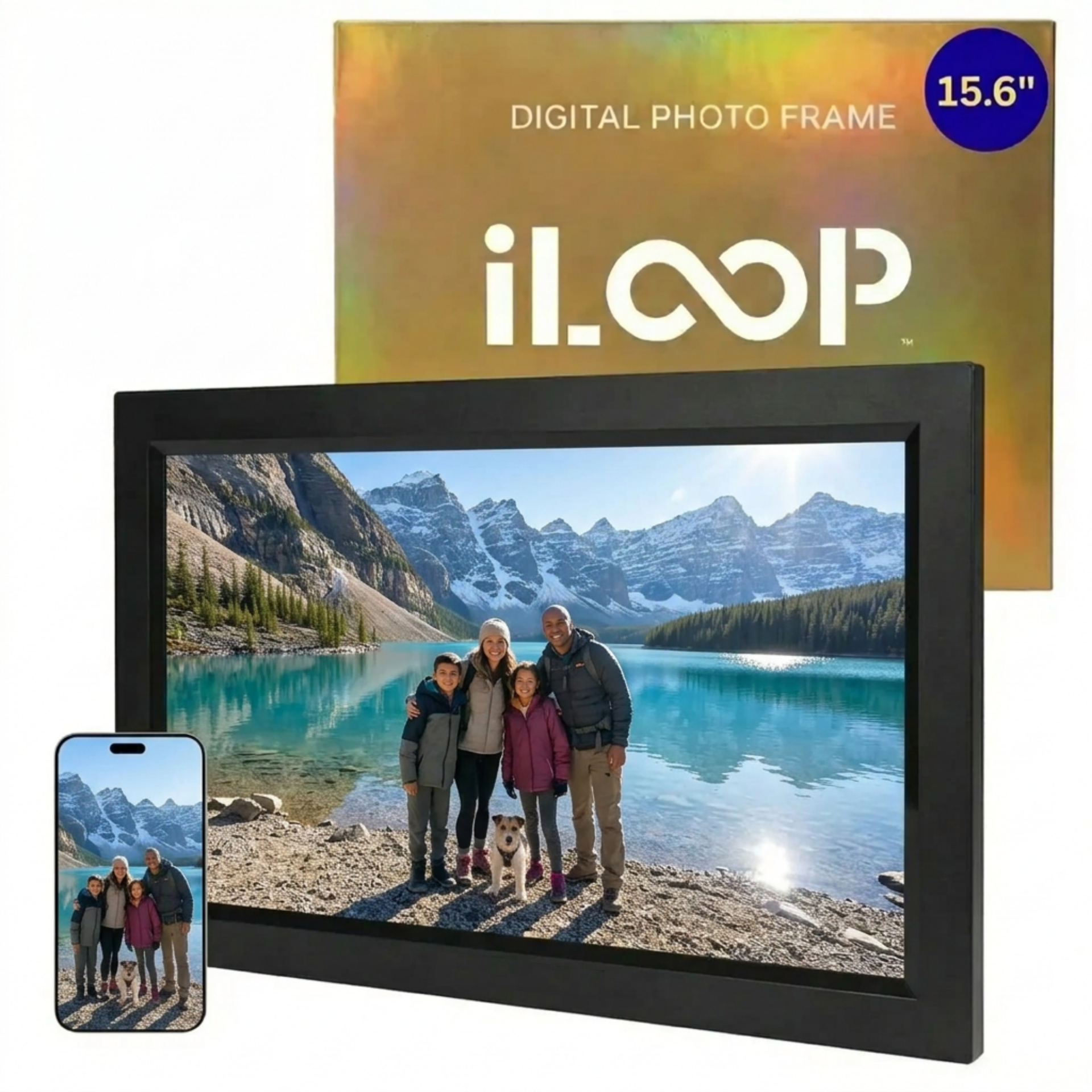 iloop 15.6” Digital Photo Frame | WiFi Touch Screen, 32 GB | Frameo App | Tabletop or Wall-Mounted