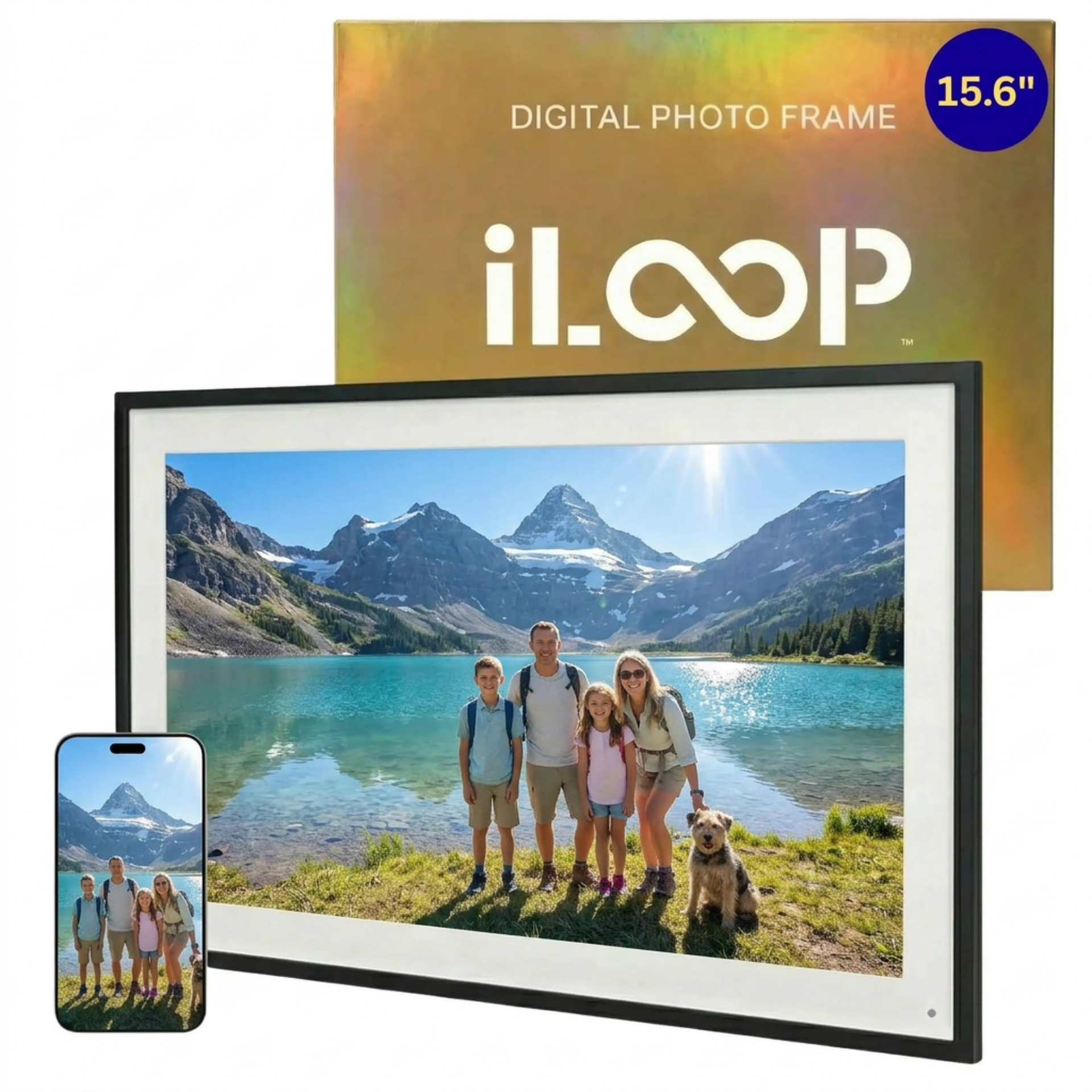 iloop 15.6” Digital Photo Frame | WiFi Touch Screen, 32 GB | Frameo App | Tabletop or Wall-Mounted