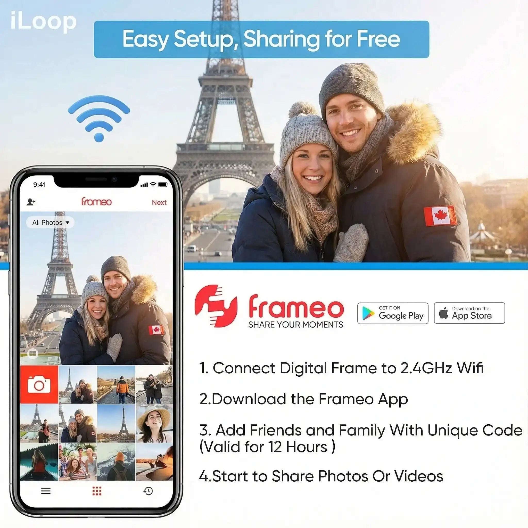 Digital photo frame app setup instructions with couple in winter clothes near Eiffel Tower, Frameo app, WiFi sharing, TUTT