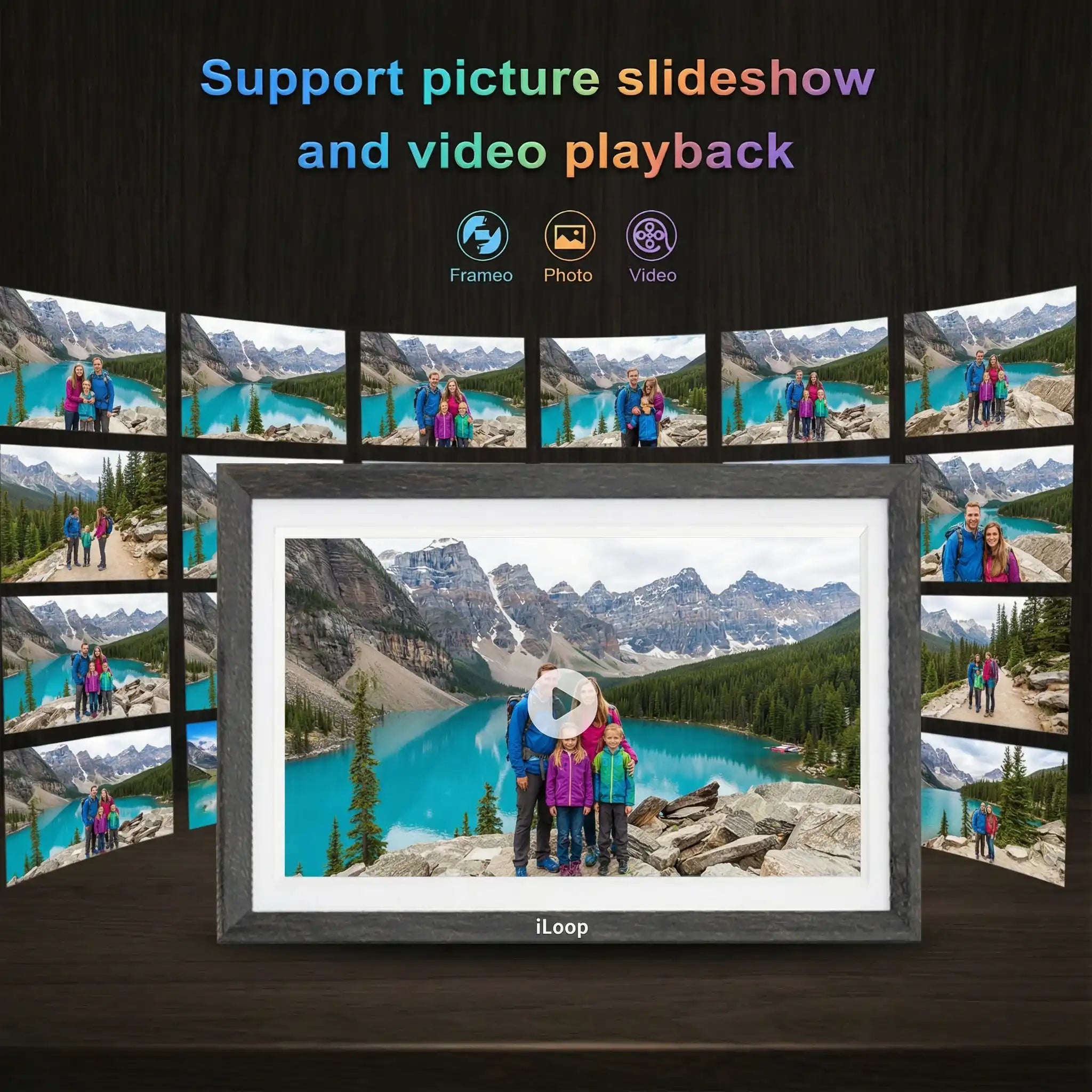iLoop 15.6-inch digital photo frame displaying a family photo by a turquoise lake, showing slideshow and video playback features. TUTT