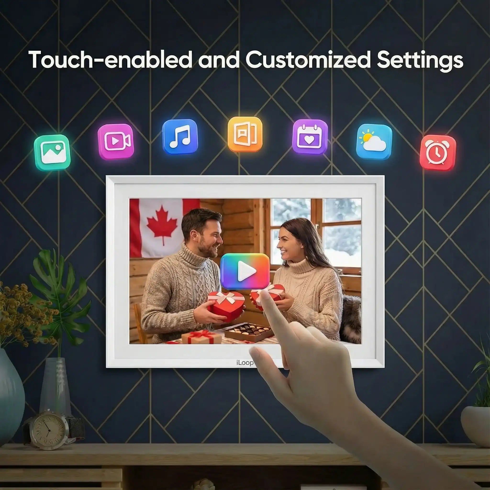 Touchscreen digital photo frame on wall with app icons, showing a couple smiling indoors, TUTT