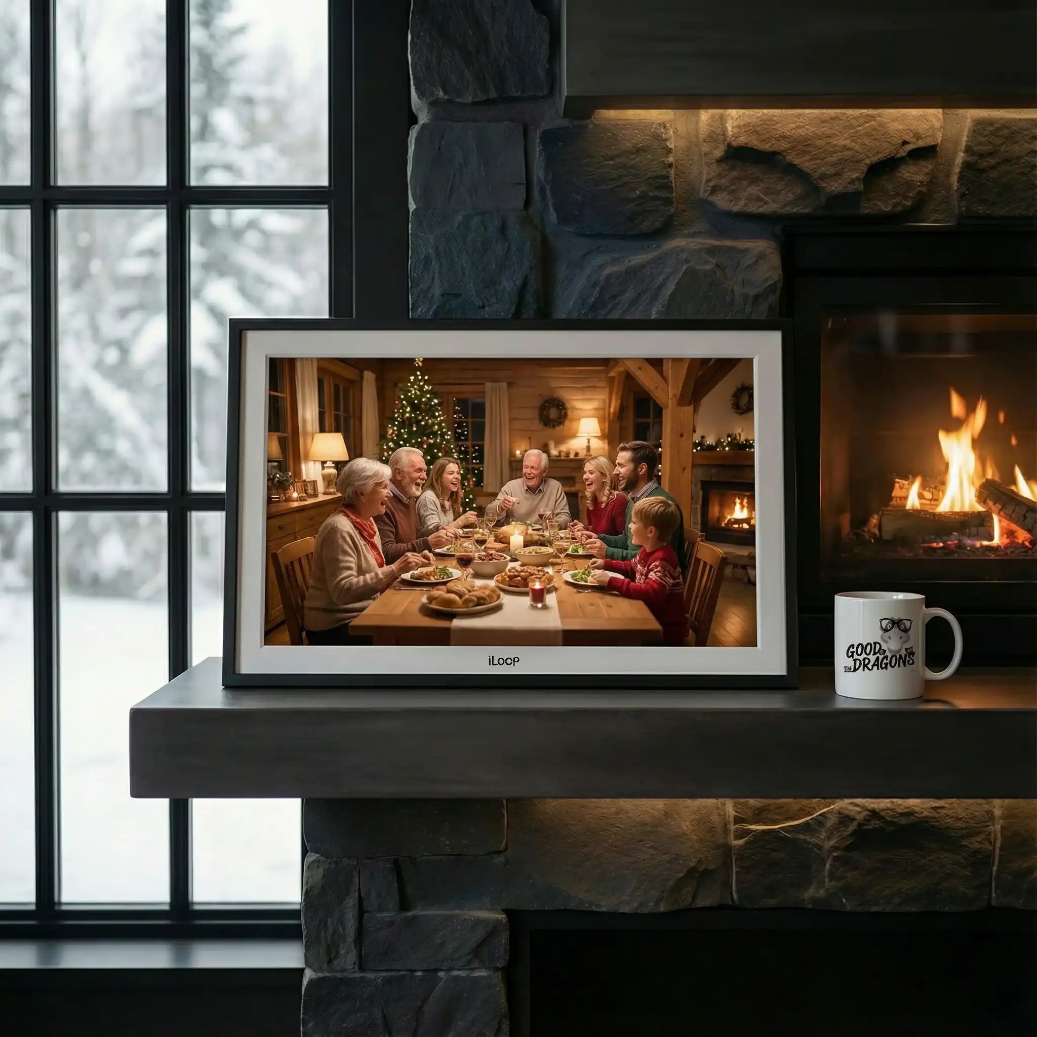 iLoop 15.6 inch digital photo frame on mantel, showing family dinner, beside fireplace and mug. TUTT