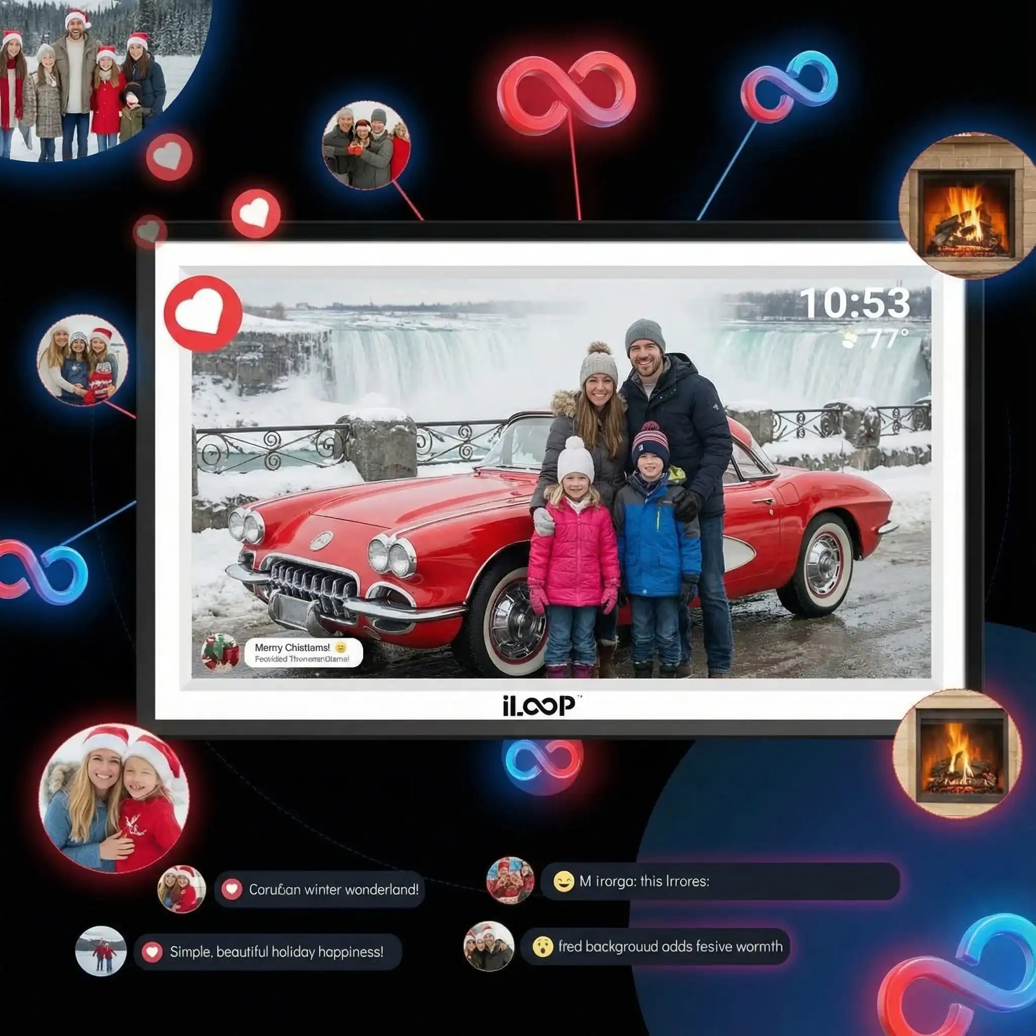 Digital photo frame displaying a family holiday photo in front of a red classic car with winter background, with floating icons and chat bubbles, iLoop branding visible, TUTT