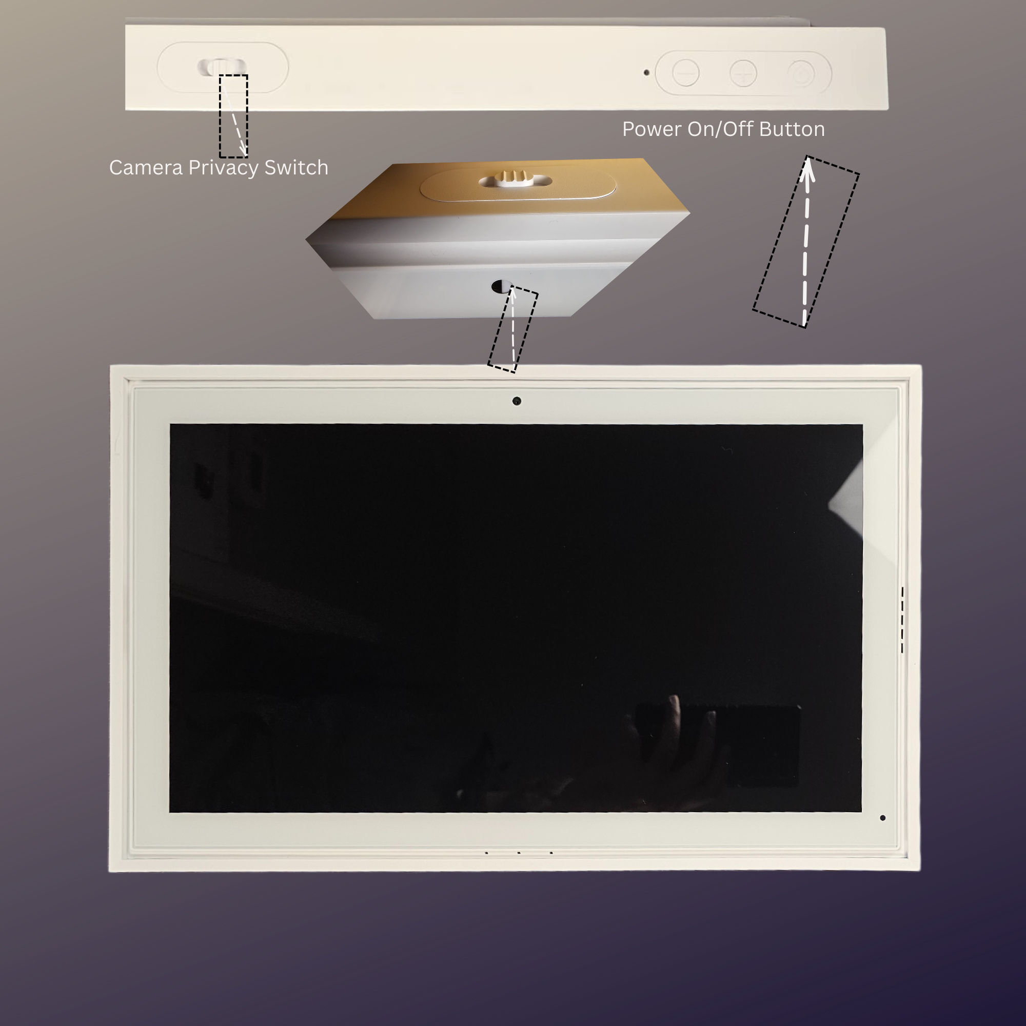 White tablet device with black screen, camera privacy switch, and power on/off button highlighted and labeled TUTT