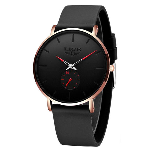 LIGE men's classic quartz watch with black dial, red hands, and black strap TUTT