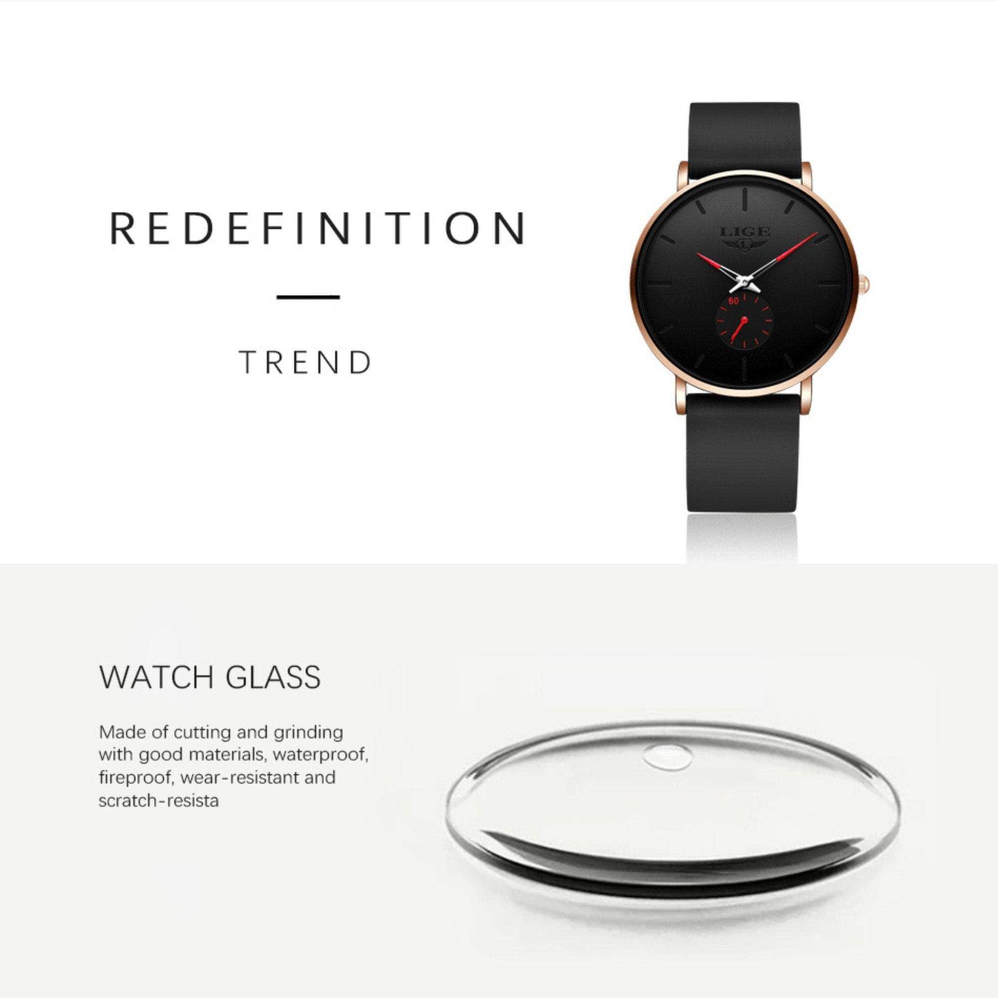 LIGE men's classic ultra-thin quartz watch with black strap, waterproof 3ATM, scratch-resistant watch glass TUTT