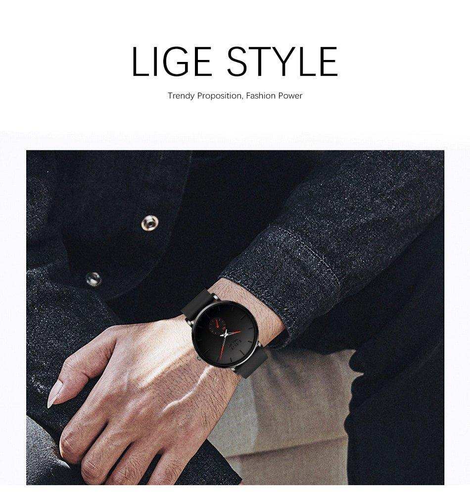 LIGE men's classic ultra-thin quartz watch with black band on wrist, stylish casual look TUTT