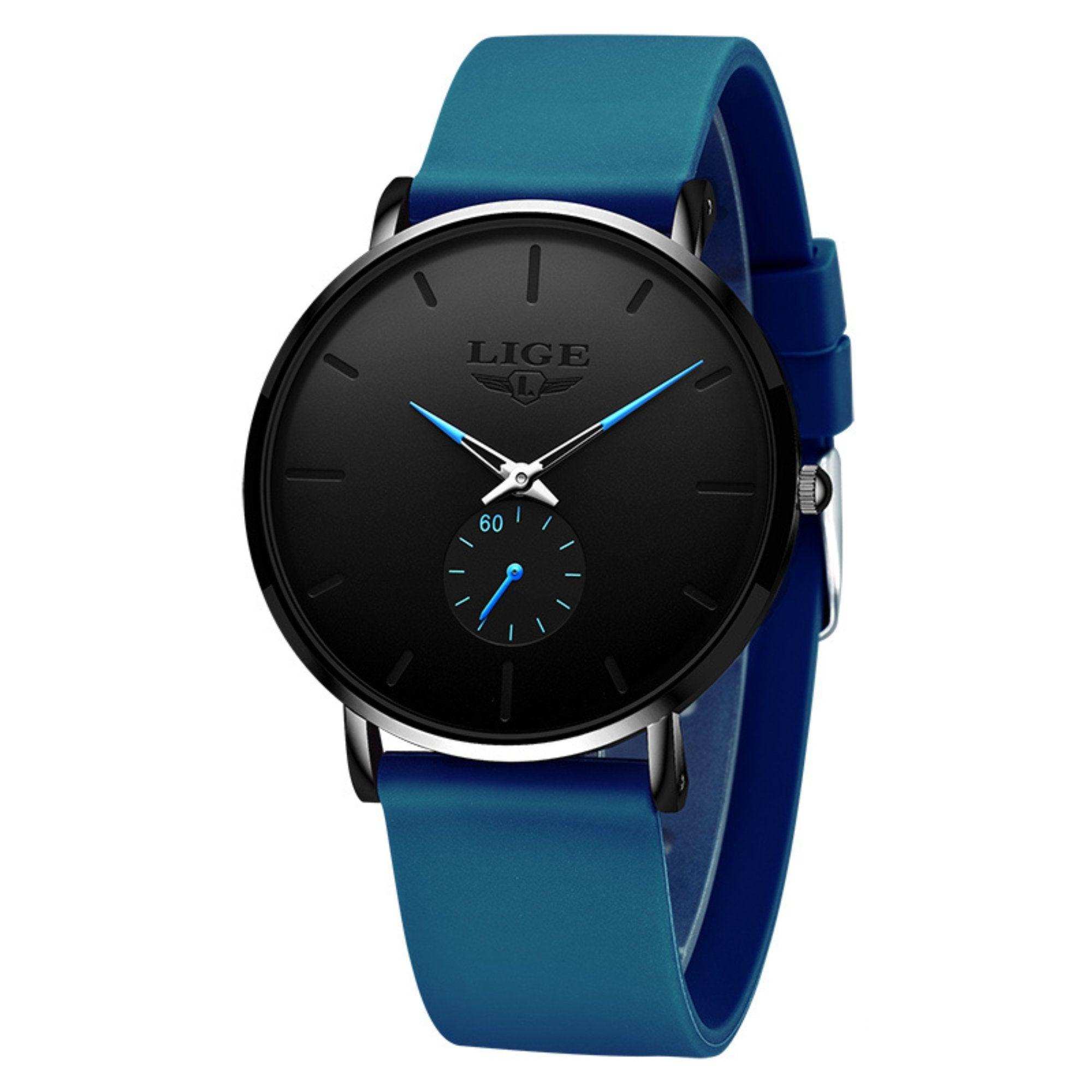 LIGE men's classic quartz watch with black dial, blue hands, blue strap, minimalist design TUTT