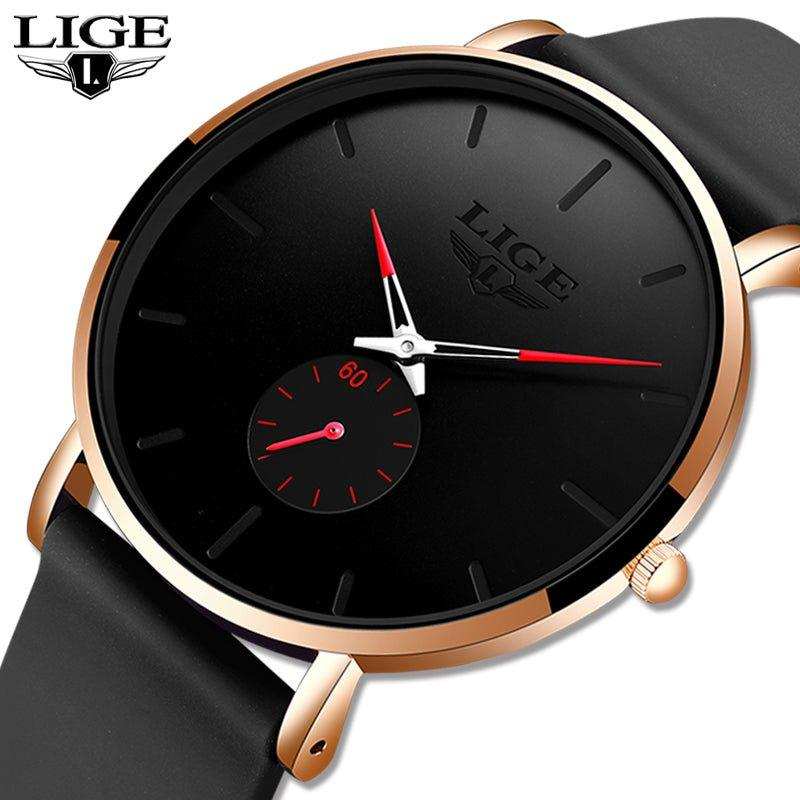 LIGE men's classic ultra-thin black quartz watch with gold case and red accents TUTT