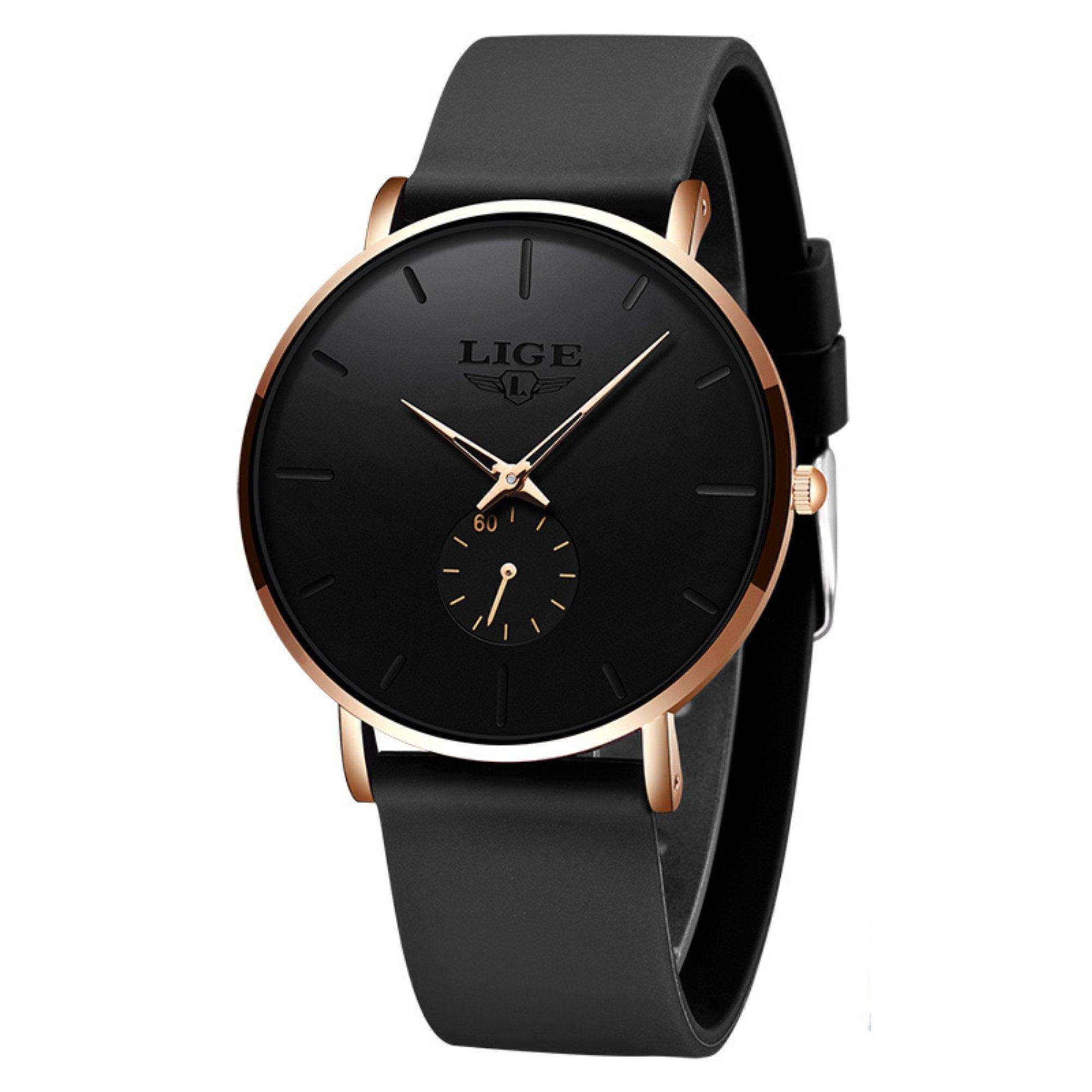 LIGE men's classic black quartz watch with gold accents and black leather band TUTT