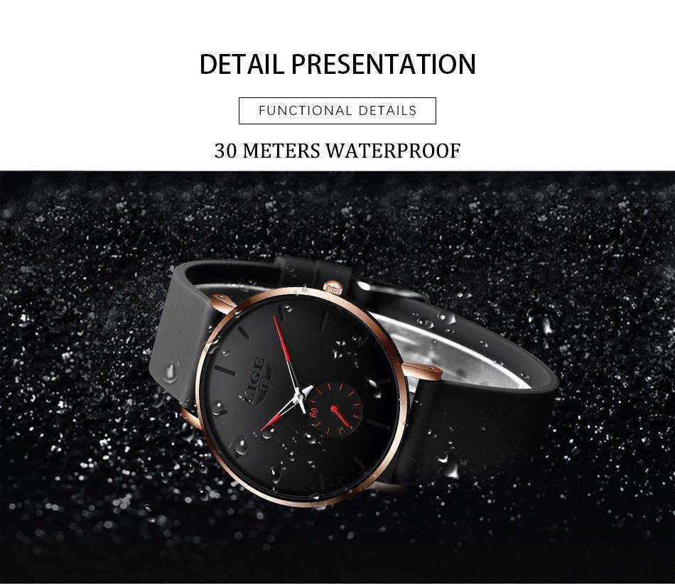 LIGE men's classic ultra-thin black quartz watch with water droplets, 3ATM waterproof TUTT