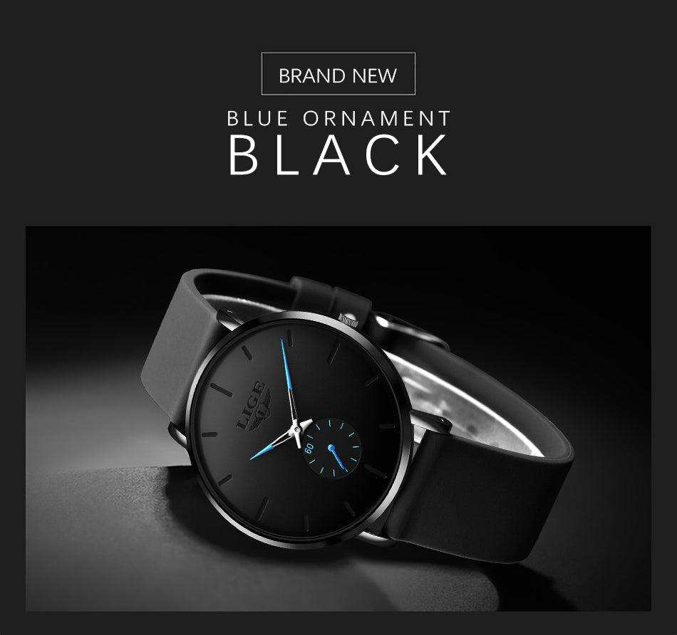LIGE men's classic black quartz watch with blue accents and black strap on dark background TUTT