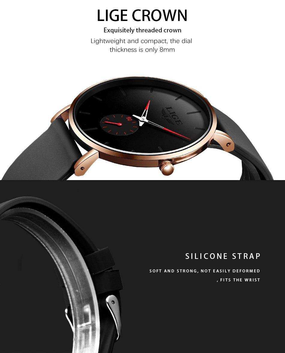 LIGE men's classic ultra-thin black quartz watch with gold case and silicone strap, TUTT
