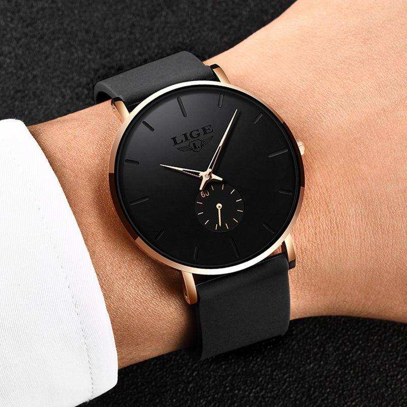 LIGE men's classic quartz watch with black ultra-thin dial and black band on wrist TUTT