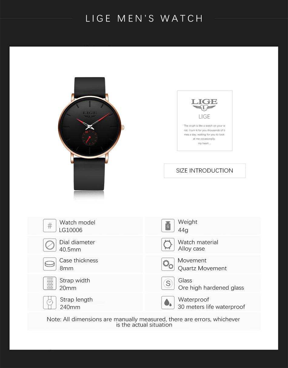 LIGE men's classic quartz watch with black dial, rose gold alloy case, and black leather strap, 3ATM waterproof, ultra-thin design, scratch-resistant surface TUTT