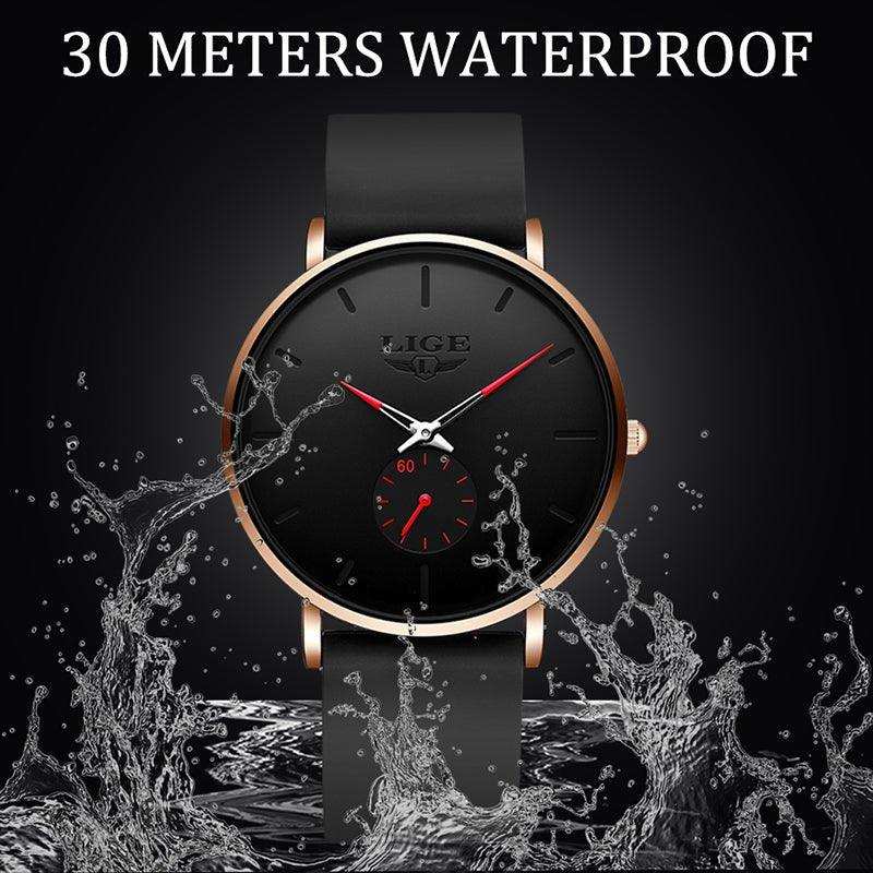LIGE men's classic black quartz watch with gold case, water splash, 30 meters waterproof TUTT