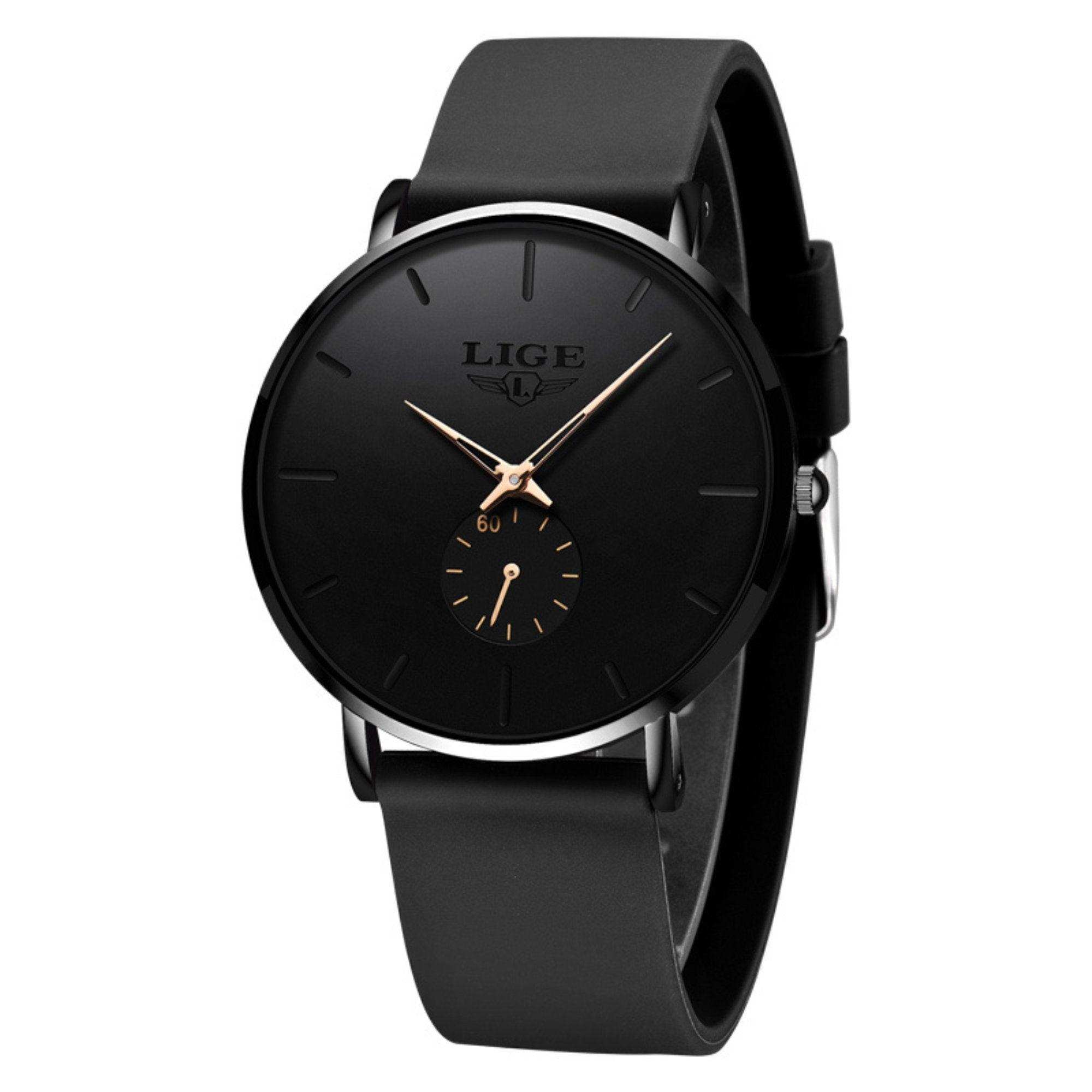 LIGE men's classic black quartz watch with minimalist dial, ultra-thin case and leather strap TUTT