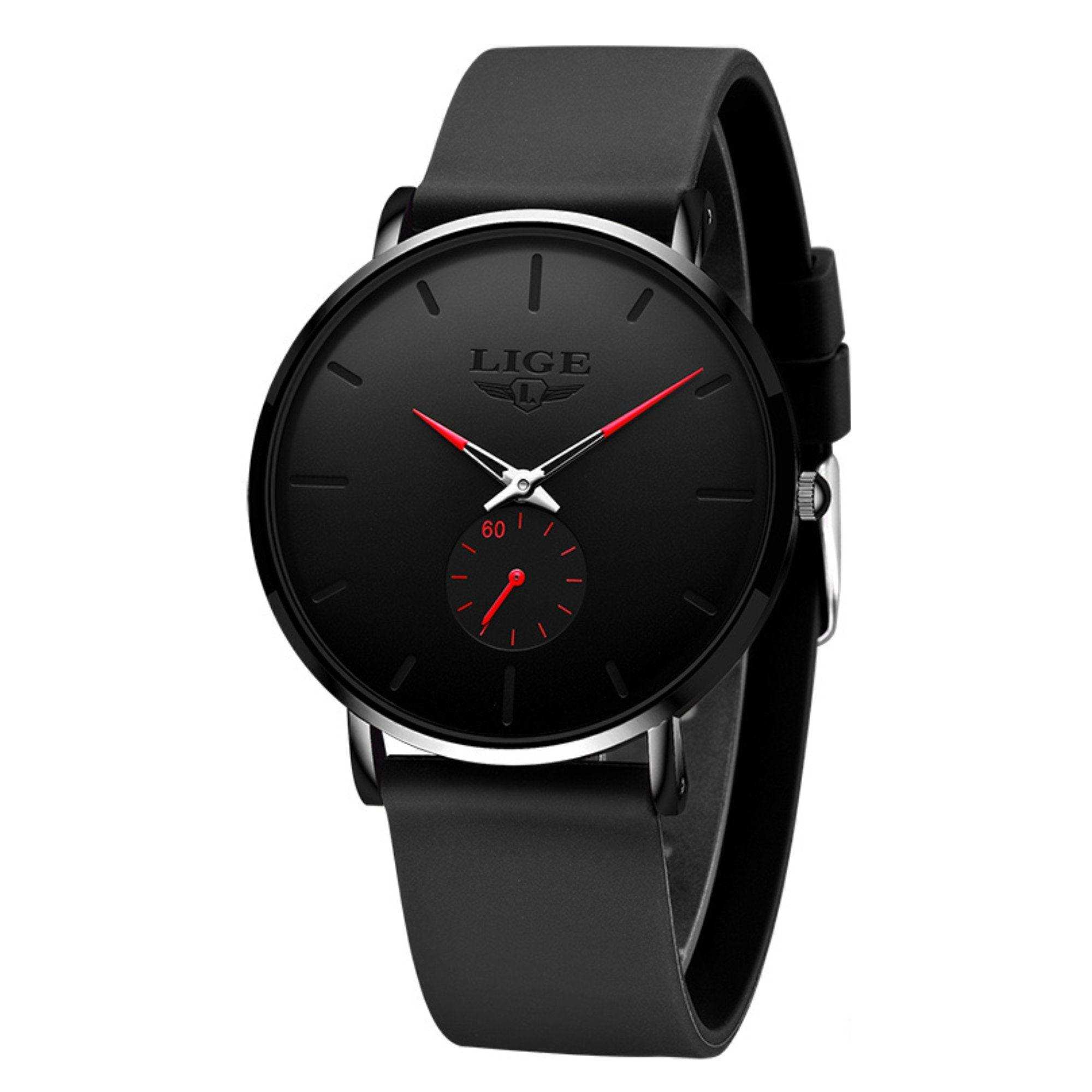 LIGE men's classic ultra-thin black quartz watch with red accents and leather strap TUTT