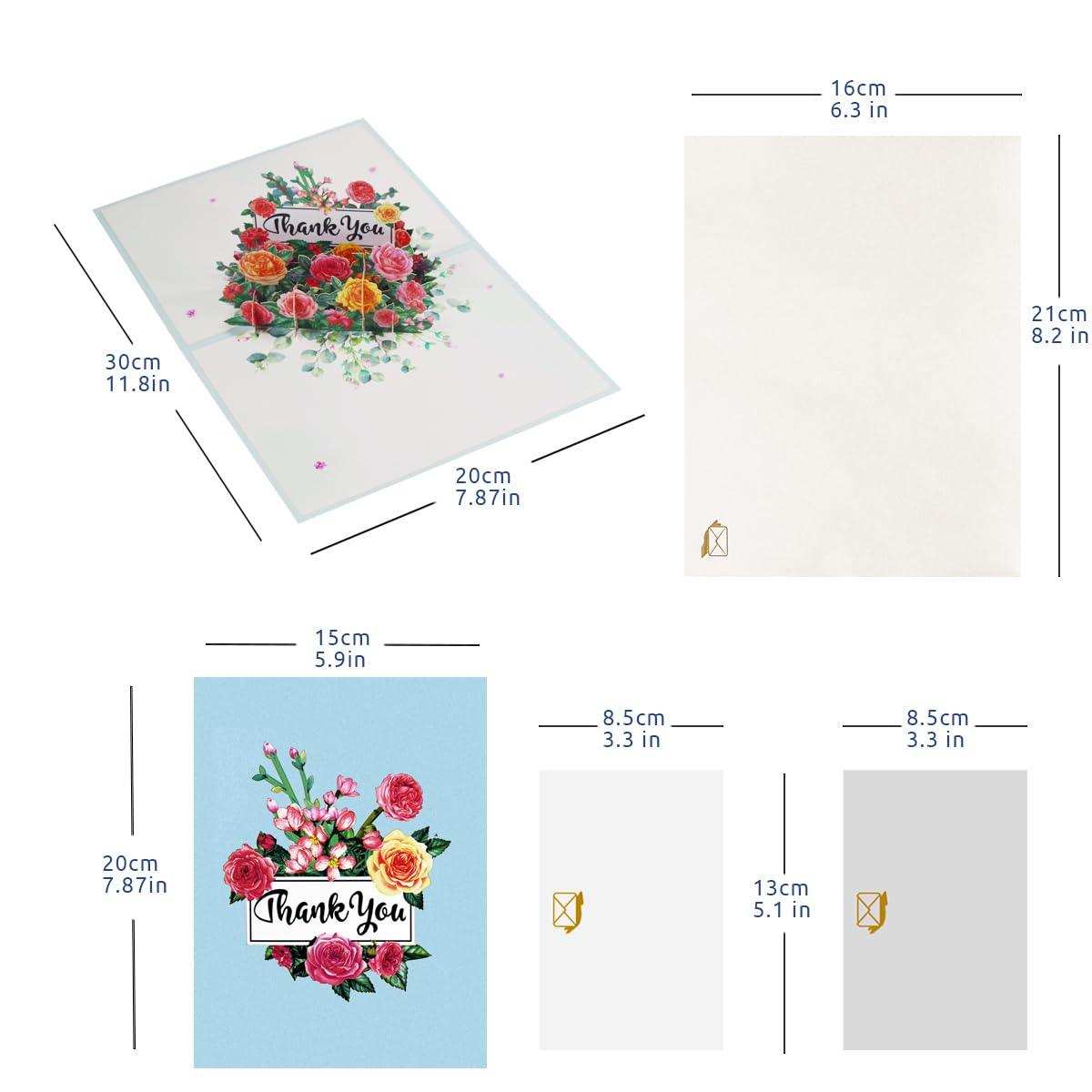 Thank you greeting card with colorful flower bouquet, blue background, and size details TUTT