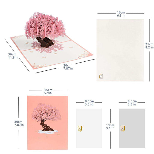 Pop-up cherry blossom tree greeting card with envelope and note, birthday and all occasion, multiple dimensions shown, TUTT