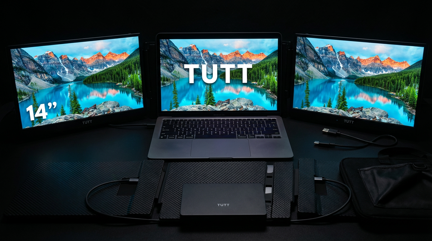 TUTT 14” FHD Portable Monitor – S3 Triple Screen Extender, IPS, Built-in Stand & Speakers | All Devices (H5 Converter Cable Included)