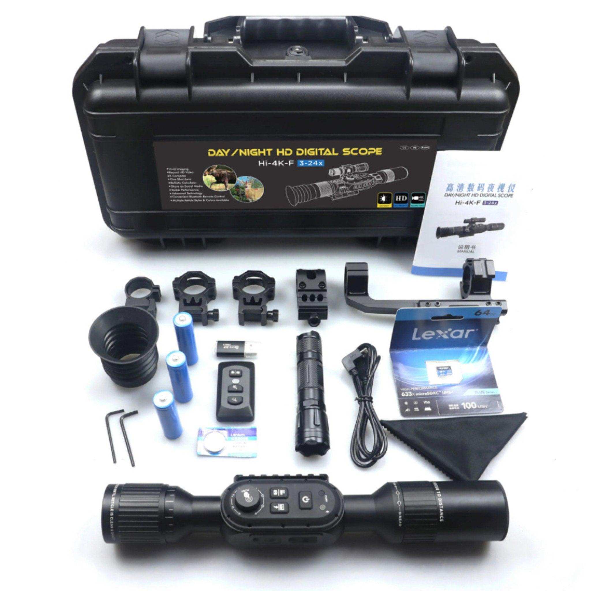 Tactical 3-24x Sony 4K HD day and night vision rifle scope kit with infrared flashlight and accessories, hard carrying case, and Lexar memory card. TUTT