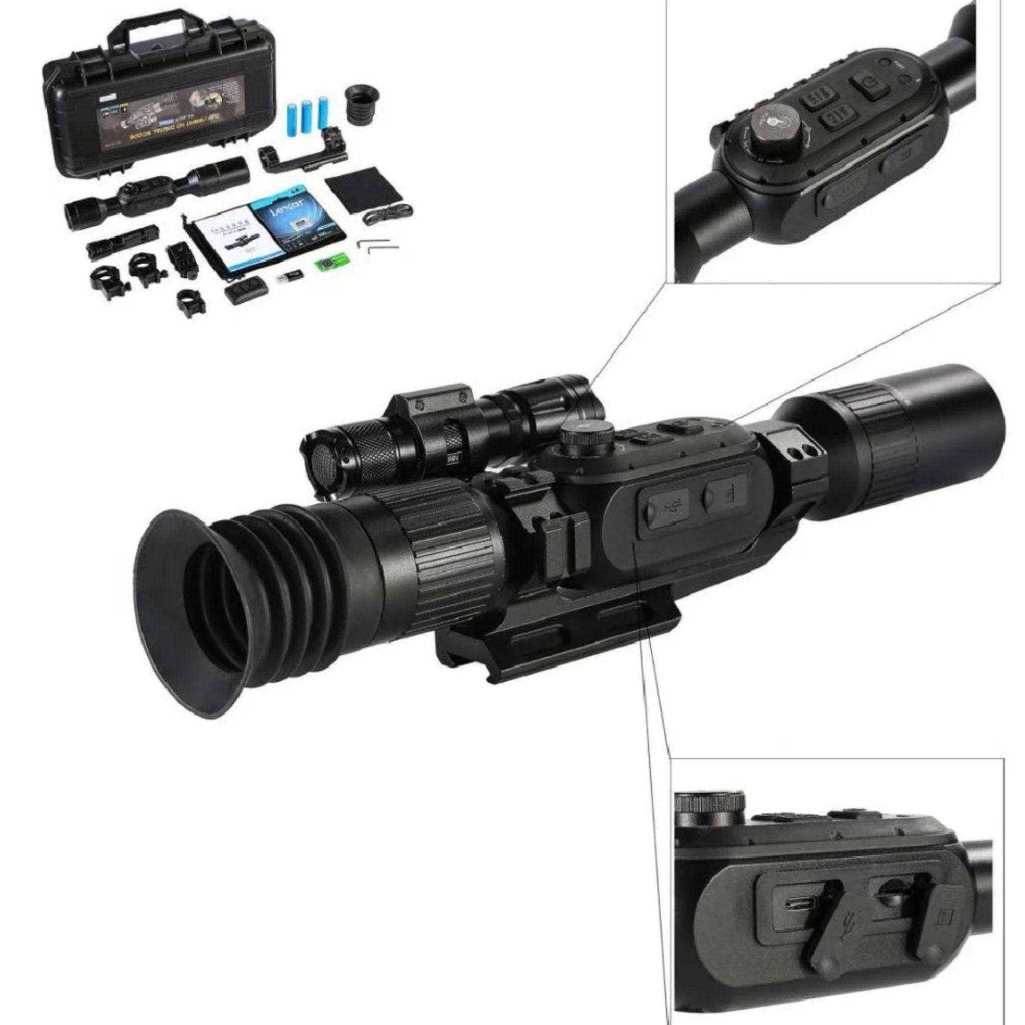 Digital rifle scope with Sony 4K sensor, buttons, infrared flashlight, and accessories kit TUTT